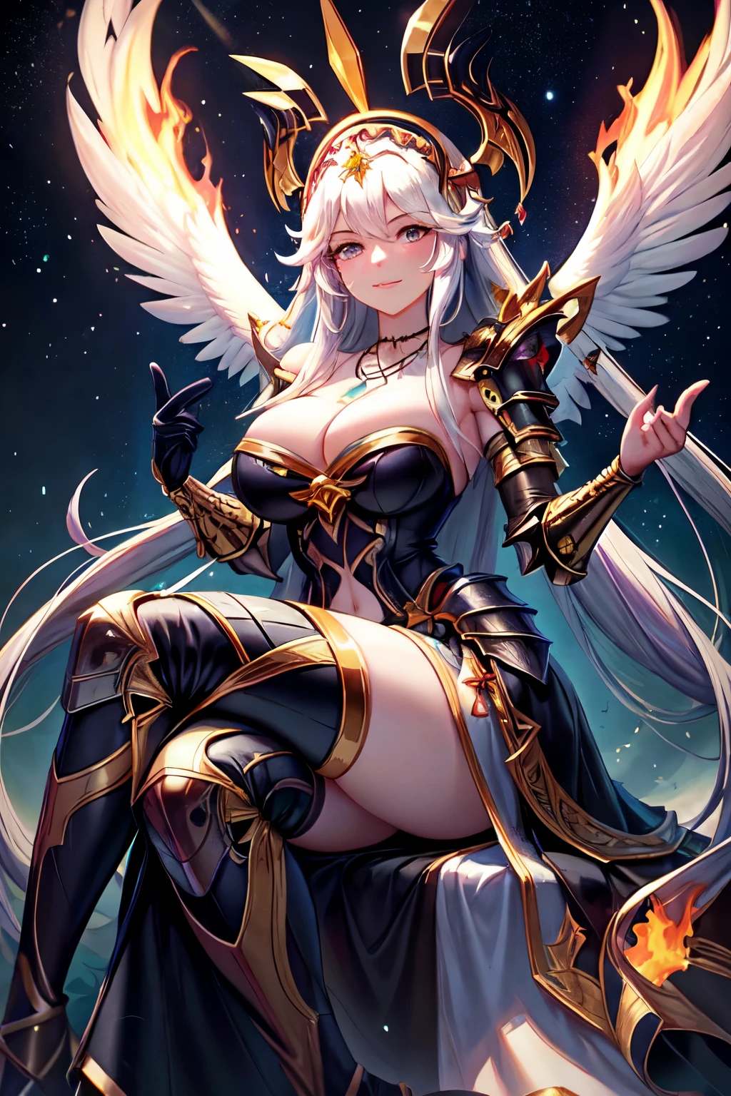 ((Mejor calidad)), ((Obra maestra)), (detallado), cara perfecta(masterpiece, best quality:1.3)SmiteNox, 1girl, solo, long hair, breasts, large breasts, gloves, short dress, cleavage, jewelry, very long hair, white hair, sky, necklace, armor, black skirt, night, fire, feathers, star (sky), crossing legs, sitting
