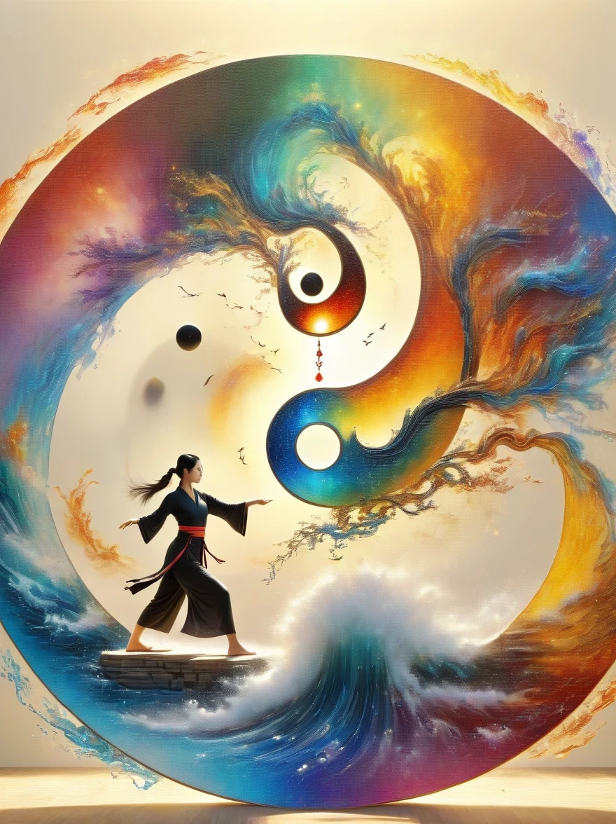 acrylic painting style,Tai Chi Yin Yang Bagua Diagram,magic circle,best quality,4k,8k,high resolution,masterpiece:1.2,super detailed,actual,acrylic style,Tai Chi, yin yang, Gossip,3d rendering,Female Taoist practicing yoga,Light and shadow photography,