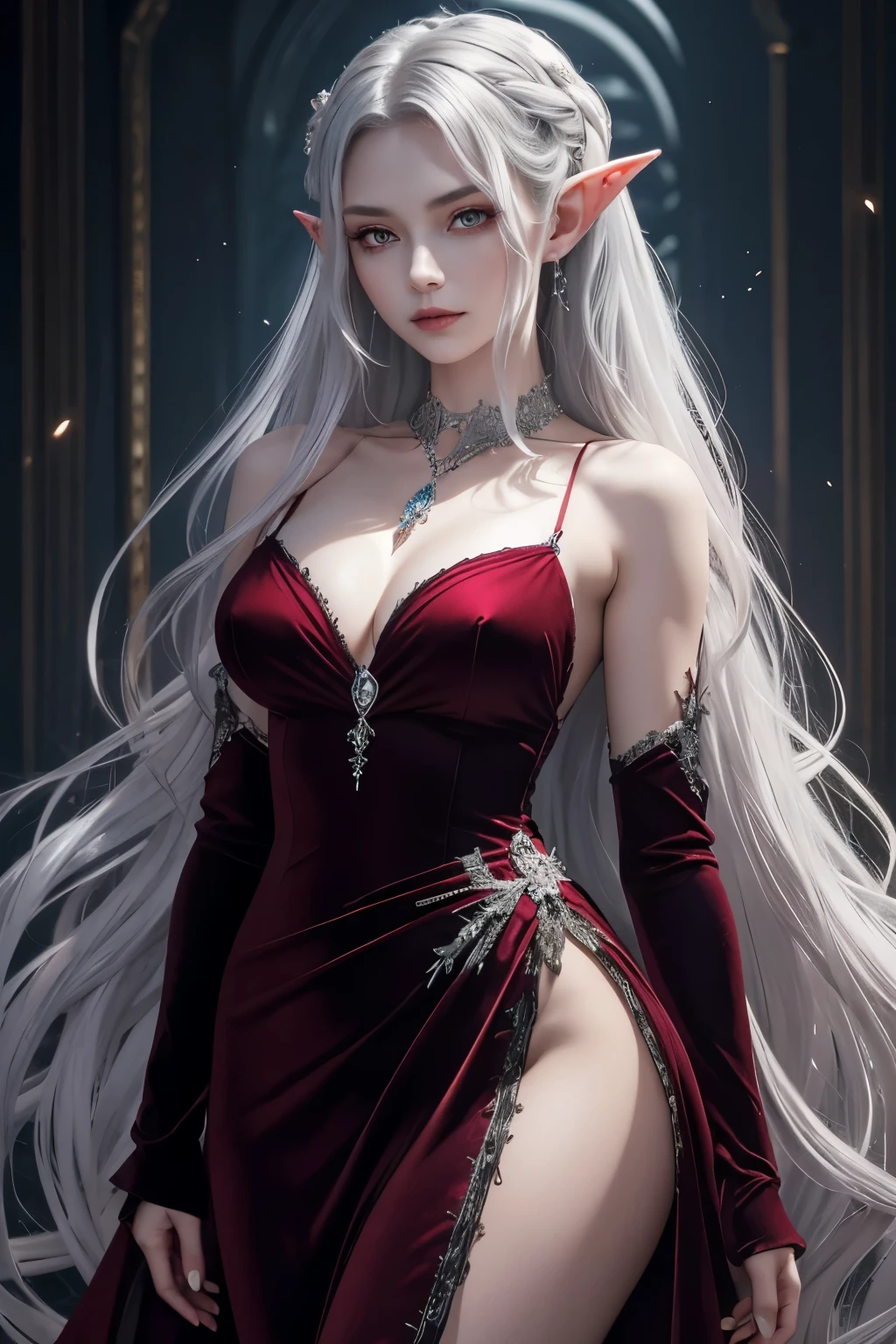 Create a mesmerizing masterpiece in 8k CG unity wallpaper format, showcasing a solitary enchanting vampire girl. Her vibrant red eyes gleam with an otherworldly allure, framed by flowing, wavy silver locks that cascade over her shoulders and reach down to her waist, accentuating her elegant pointed ears. Her attire is a captivating blend of dark sophistication and ethereal beauty – a form-fitting, velvet dress that hugs her curves, adorned with intricate silver thread embroidery. A delicate necklace hangs around her neck, encrusted with crystalline ice shards that sparkle in the dim