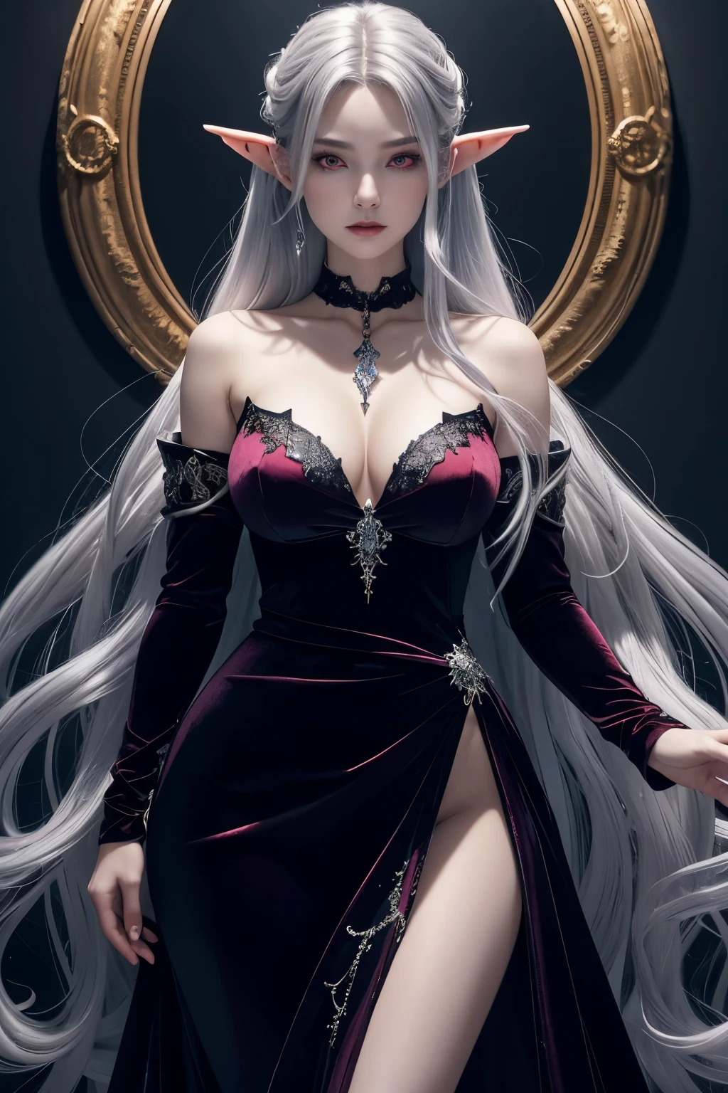 Create a mesmerizing masterpiece in 8k CG unity wallpaper format, showcasing a solitary enchanting vampire girl. Her vibrant red eyes gleam with an otherworldly allure, framed by flowing, wavy silver locks that cascade over her shoulders and reach down to her waist, accentuating her elegant pointed ears. Her attire is a captivating blend of dark sophistication and ethereal beauty – a form-fitting, velvet dress that hugs her curves, adorned with intricate silver thread embroidery. A delicate necklace hangs around her neck, encrusted with crystalline ice shards that sparkle in the dim