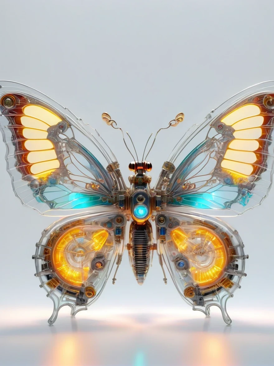 symmetry，whole body, solid light grey background, The combination of biology and machinery, Transparent mechanical butterfly, The internal structure is complex and precise, glowing neon lights,(high detail, masterpiece, best quality, ultra high definition, Sharpen details)
