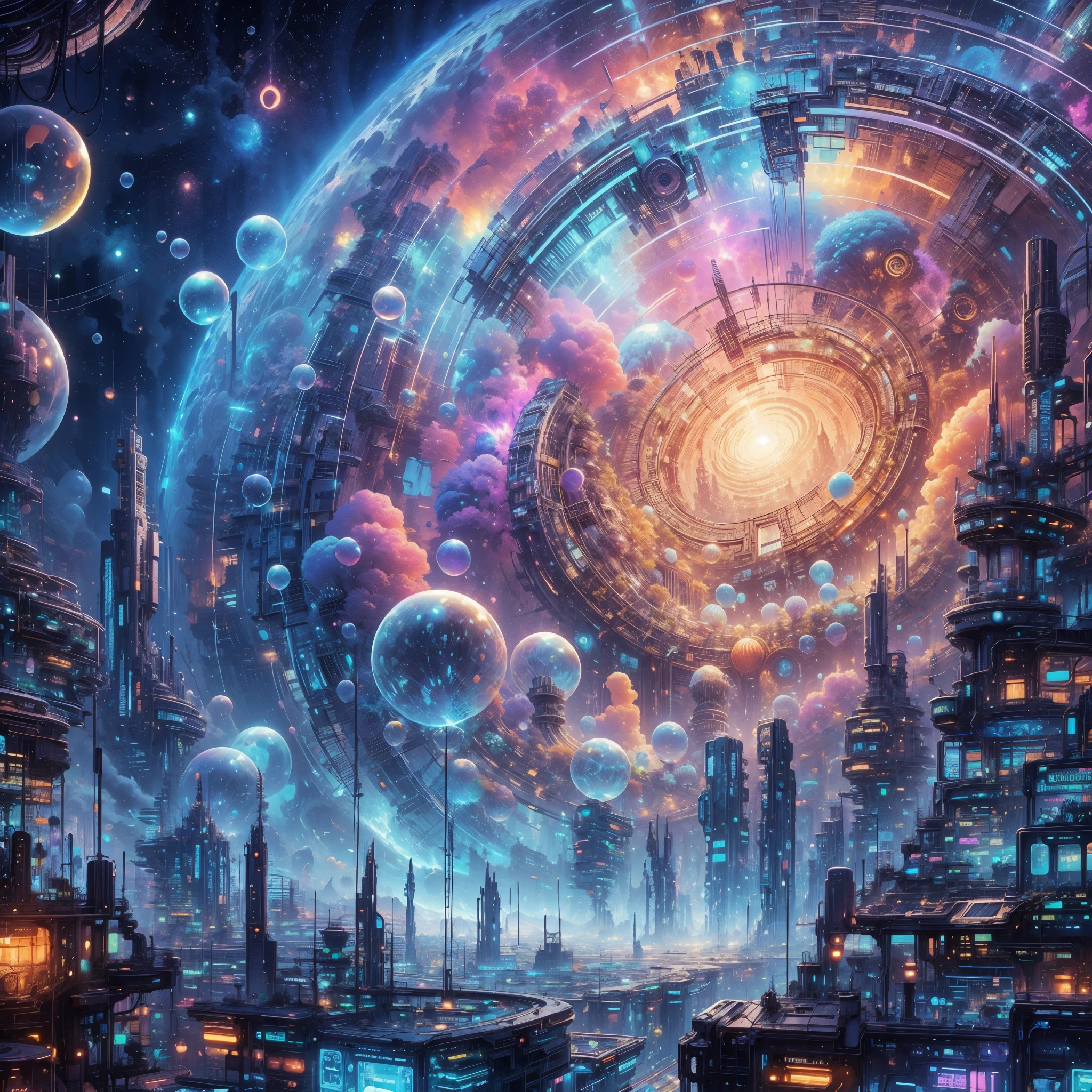 a futuristic city with a spiral shaped structure and lots of bubbles, cyberpunk dreamscape, colorful dystopian futurism, 4k highly detailed digital art, greg beeple, sci-fi digital art, science fiction digital art, sci-fi fantasy wallpaper, in fantasy sci - fi city, detailed dreamscape, intricate futurism, dmt city, detailed fantasy digital art