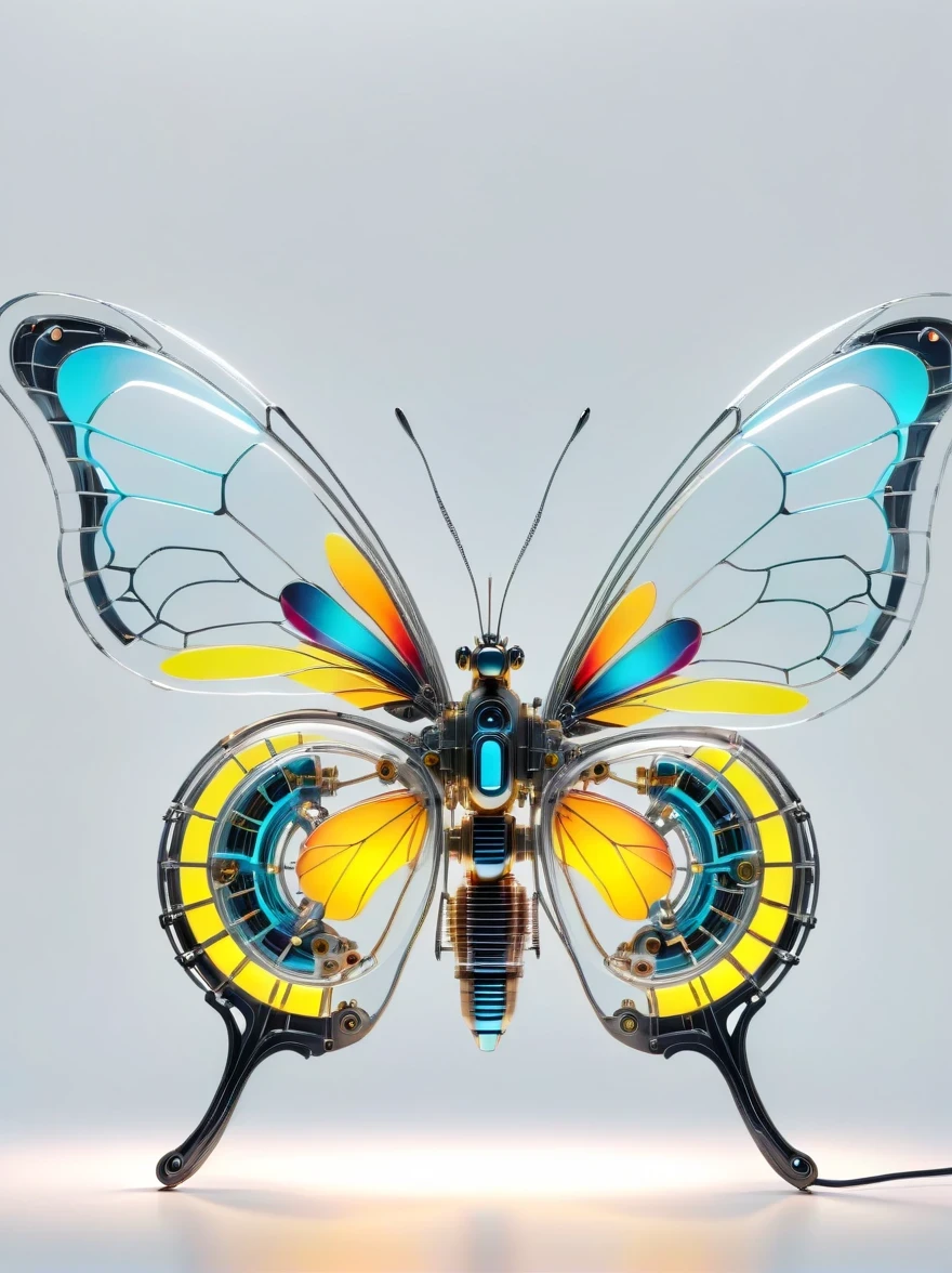 symmetry，whole body, solid light grey background, The combination of biology and machinery, Transparent mechanical butterfly, The internal structure is complex and precise, glowing neon lights,(high detail, masterpiece, best quality, ultra high definition, Sharpen details)