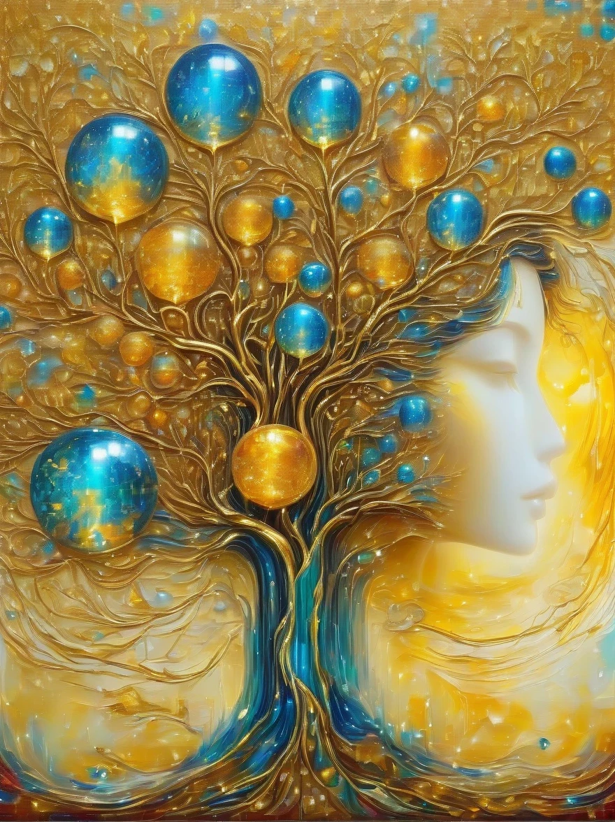 （best quality，4k，masterpiece：1.2），super detailed，lifelike:1.37，beautiful symmetrical photos，Apply with thick brush strokes and wet paint, Proportions of gold, melted wax |, visible strokes, surrounded by crystal ball, Mosaic wireframe 3d, neuroimaging, Neurons, The Tree of Life, rape, like, enthusiasm, oil painting on canvas, thick strokes, Very detailed, 8K Ultra HD, masterpiece, art station, surreal
