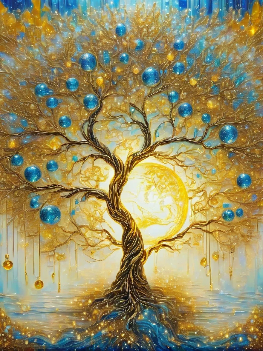 (best quality,4k,masterpiece:1.2),super detailed,lifelike:1.37,beautiful symmetrical photos,Apply with thick brush strokes and wet paint, Proportions of gold, melted wax |, visible strokes, surrounded by crystal ball, Mosaic wireframe 3d, neuroimaging, Neurons, The Tree of Life, rape, like, enthusiasm, oil painting on canvas, thick strokes, Very detailed, 8K Ultra HD, masterpiece, art station, surreal
