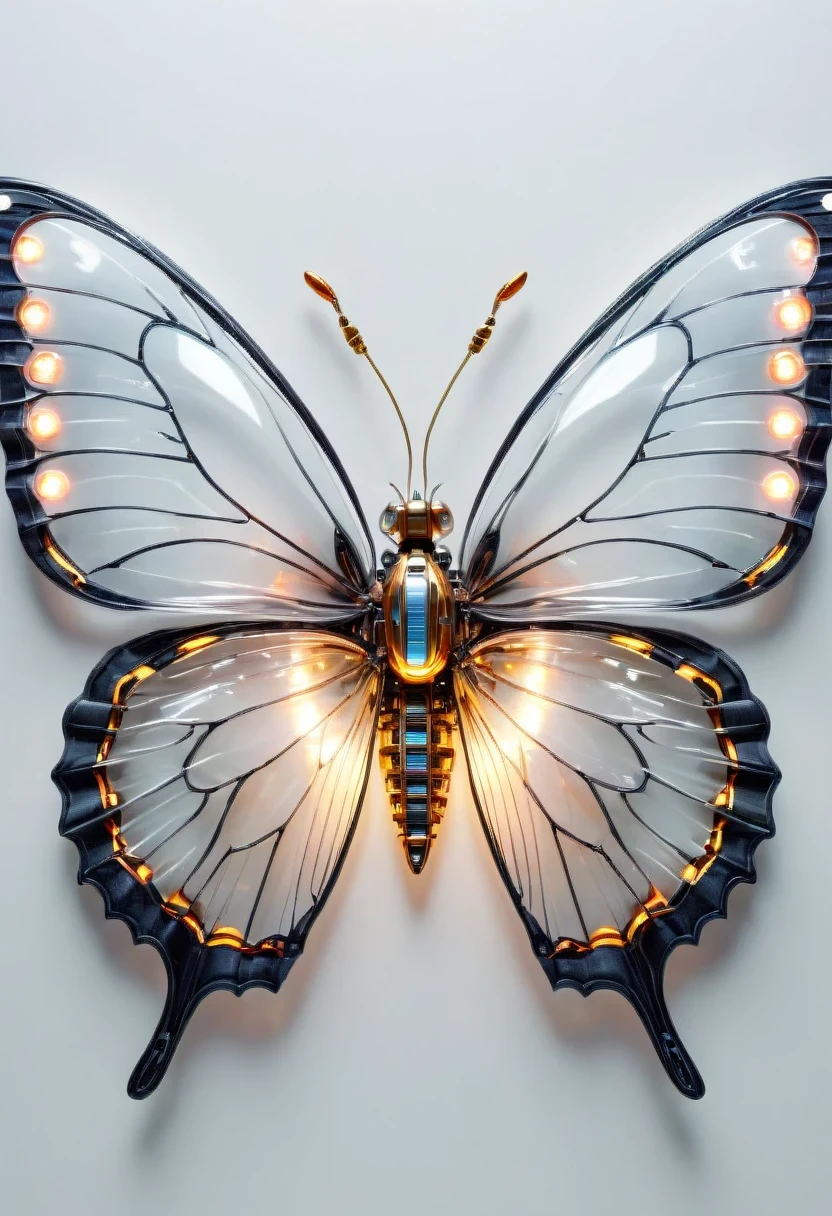 symmetry,whole body, solid light grey background, The combination of biology and machinery, Transparent mechanical butterfly, The internal structure is complex and precise, glowing neon lights,(high detail, masterpiece, best quality, ultra high definition, Sharpen details)