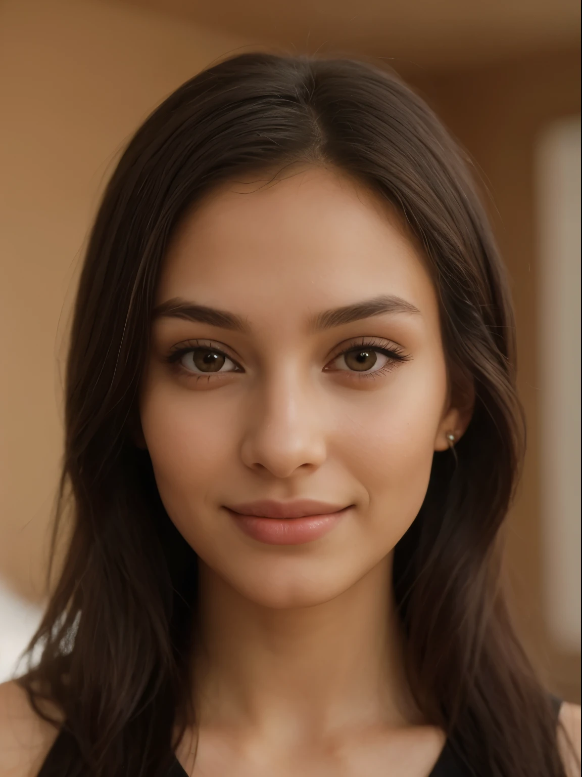 beautiful and hot girl in a room, 20 years old, only the girl is sharp, the background is blurry, detailed face, realistic, Hispanisch, Selfie, 4k, Almond-shaped eyes, high cheekbones, symmetrical, soft contours, inviting lips, enigmatic smile, graceful, confident gaze, magnetic aura, bewitching, captivating, ethereal, alluring, perfect