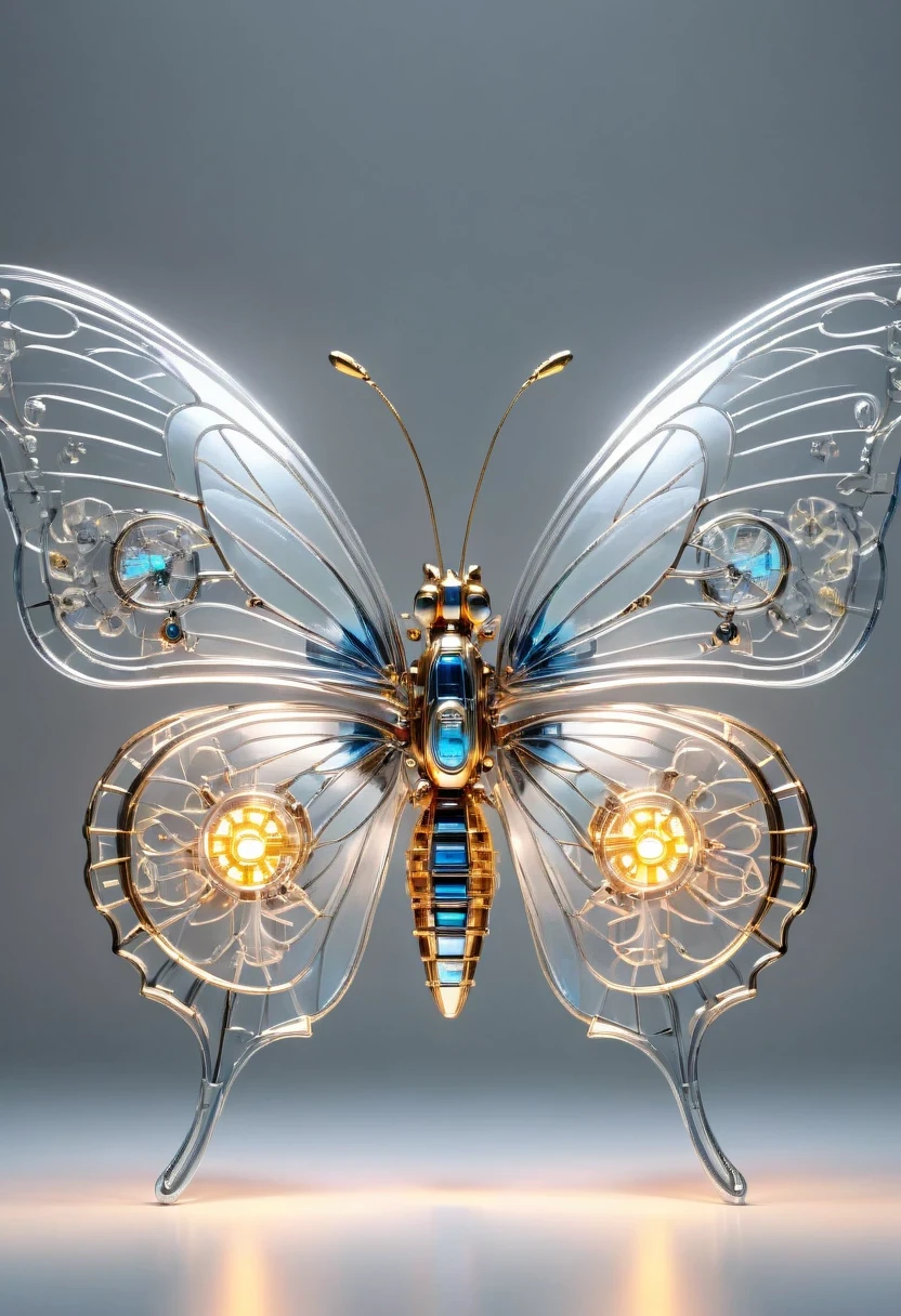 symmetry，whole body, solid light grey background, The combination of biology and machinery, Transparent mechanical butterfly, The internal structure is complex and precise, glowing neon lights,(high detail, masterpiece, best quality, ultra high definition, Sharpen details)