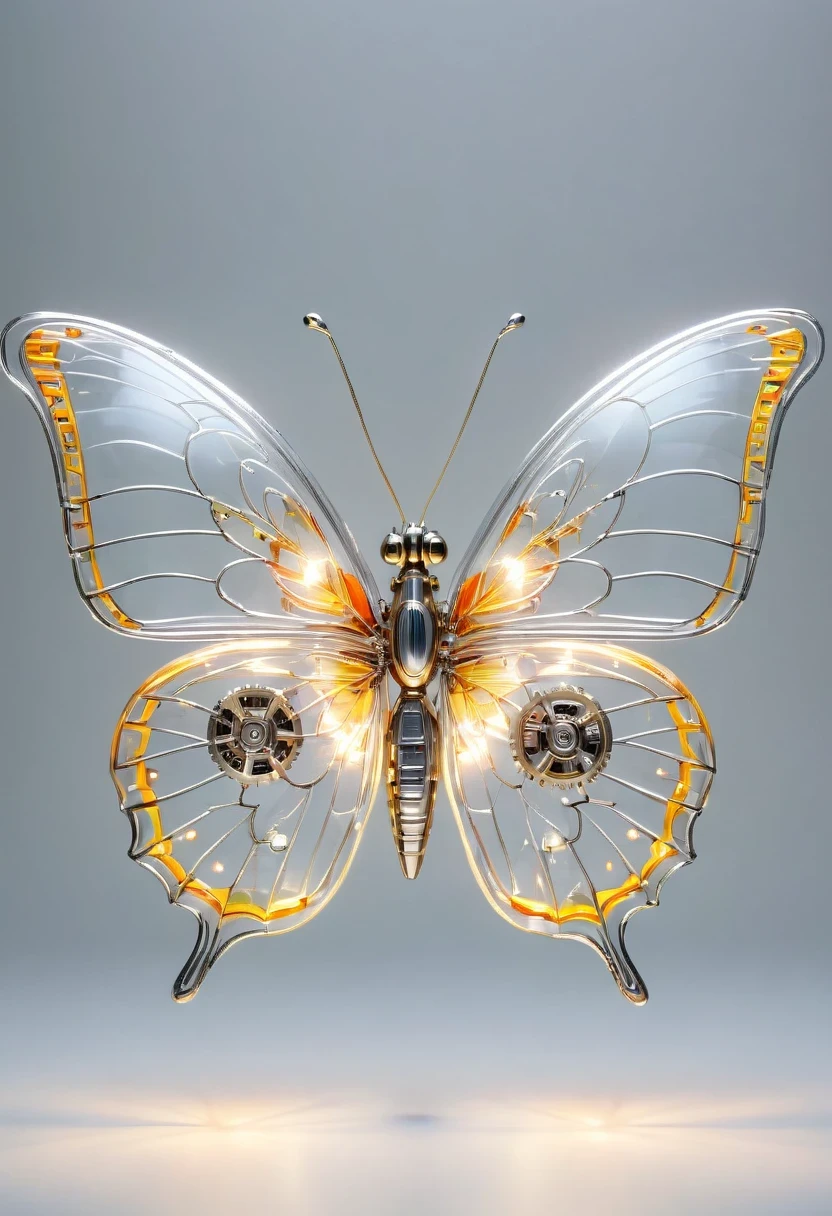 symmetry,whole body, solid light grey background, The combination of biology and machinery, Transparent mechanical butterfly, The internal structure is complex and precise, glowing neon lights,(high detail, masterpiece, best quality, ultra high definition, Sharpen details)
