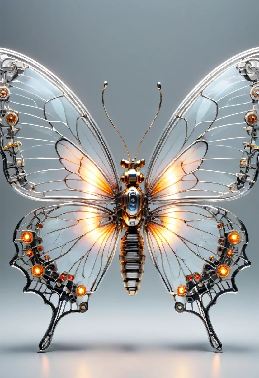 symmetry,whole body, solid light grey background, The combination of biology and machinery, Transparent mechanical butterfly, The internal structure is complex and precise, glowing neon lights,(high detail, masterpiece, best quality, ultra high definition, Sharpen details)