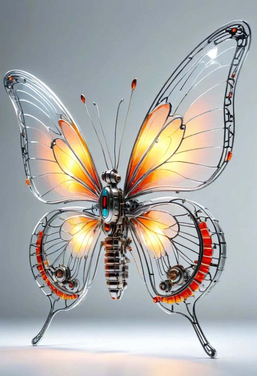 symmetry,whole body, solid light grey background, The combination of biology and machinery, Transparent mechanical butterfly, The internal structure is complex and precise, glowing neon lights,(high detail, masterpiece, best quality, ultra high definition, Sharpen details)