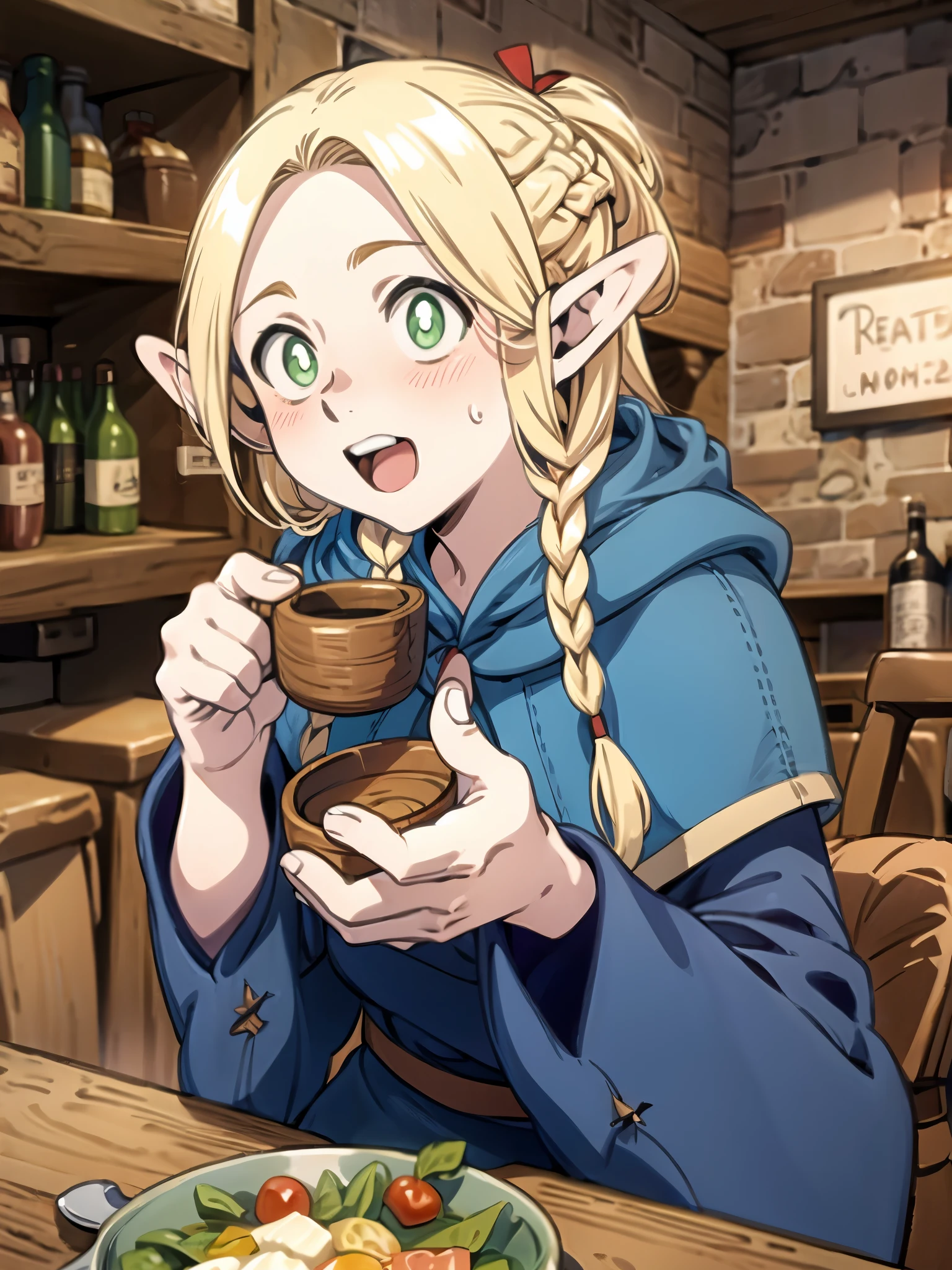 (((adult:1.3)))、(((Marcille Donato))),(((perfect human body:1.3)))、(((one woman:1.3))),Yellow longhair、red ribbon、Long hair with ponytail at Mitsuami,BREAK,(((robe、sandals))),BREAK,(((Holding a wooden mug of alcohol at a bar:1.3、eat the food on the table:1.3、open one&#39;s mouth)))、smile、Forehead