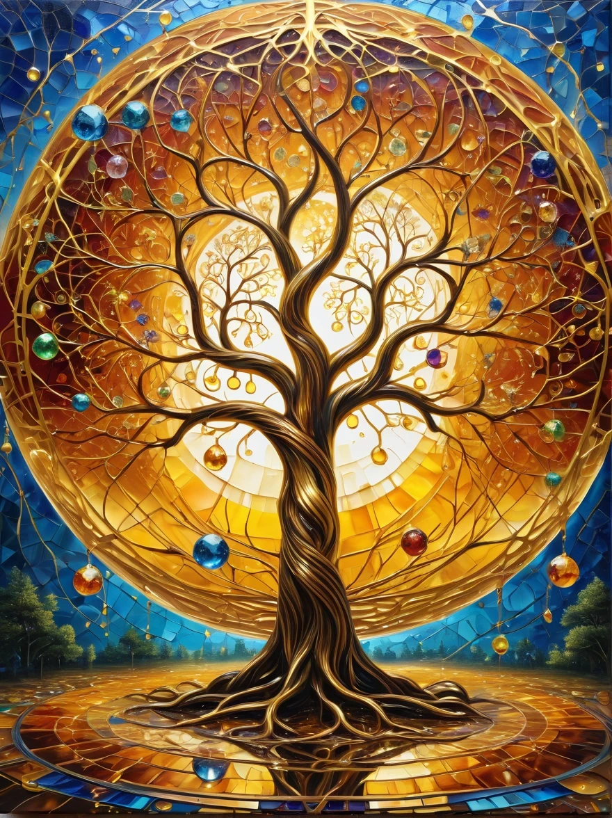 beautiful symmetrical photos,Apply with thick brush strokes and wet paint, Proportions of gold, melted wax |, visible strokes, surrounded by crystal ball, Mosaic wireframe 3d, neuroimaging, Neurons, The Tree of Life, rape, like, enthusiasm, oil painting on canvas, thick strokes, Very detailed, 8K Ultra HD, masterpiece, art station, surreal