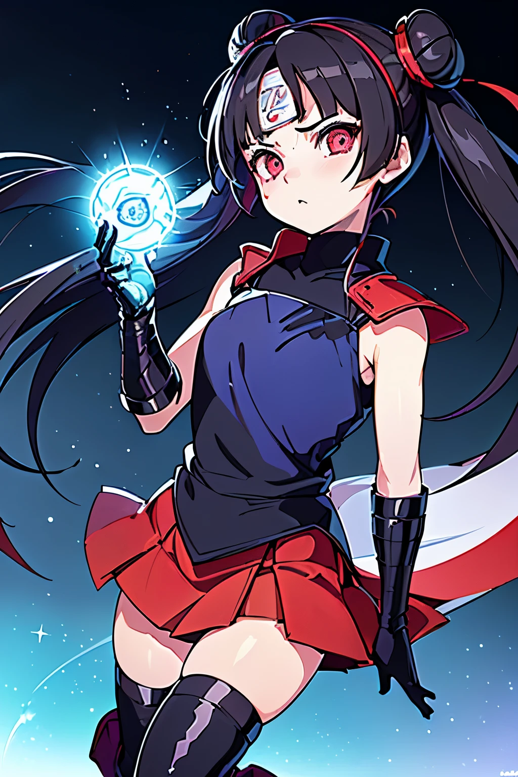 Anime, Girl, (((1girl))), (((Waifu, li meiling, li meiling Waifu))), (((Black Hair, twin bun hair style with pigtails)), ((Crimson Red Eyes eyes: 1.3, Upturned Eyes: 1, Perfect Eyes, Beautiful Detailed Eyes, Gradient eyes: 1, Finely Detailed Beautiful Eyes: 1, Symmetrical Eyes: 1, Big Highlight On Eyes: 1.2)), (((Lustrous Skin: 1.5, Bright Skin: 1.5, Skin Fair, Shiny Skin, Very Shiny Skin, Shiny Body, Plastic Glitter Skin, Exaggerated Shiny Skin, Illuminated Skin))), (Detailed Body, (Detailed Face)), Young, ****ta, (Best Quality), (((Bicep-high Gauntlets, Armored Boots, Thigh-high Heeled Boots, Armored Gauntlets))), (((Battle Kimono))), (((Skirt))), High Resolution, Sharp Focus, Ultra Detailed, Extremely Detailed, Extremely High Quality Artwork, (Realistic, Photorealistic: 1.37), 8k_Wallpaper, (Extremely Detailed CG 8k), (Very Fine 8K CG), ((Hyper Super Ultra Detailed Perfect Piece)), (((Flawless masterpiece))), Illustration, Vibrant Colors, (Intricate), High Contrast, Selective Lighting, Double Exposure, HDR (High Dynamic Range), Post-processing, Background Blur, (((holding 1 blue rasengan in her hand))))