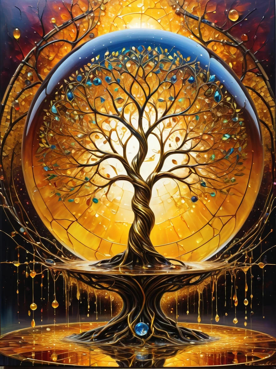 beautiful symmetrical photos，Apply with thick brush strokes and wet paint, Proportions of gold, melted wax |, visible strokes, surrounded by crystal ball, Mosaic wireframe 3d, neuroimaging, Neurons, The Tree of Life, rape, like, enthusiasm, oil painting on canvas, thick strokes, Very detailed, 8K Ultra HD, masterpiece, art station, surreal