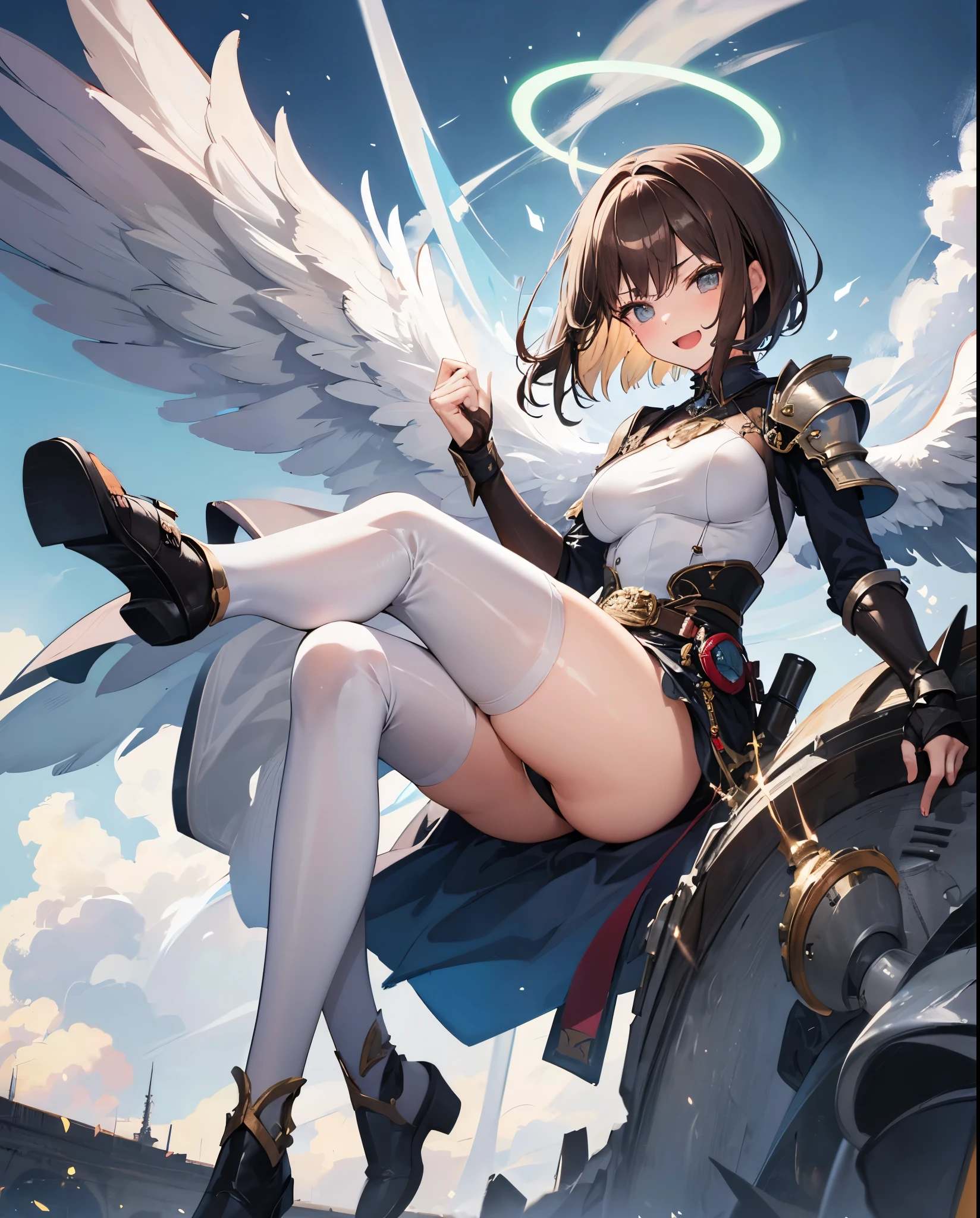 fantasy, 1angel_girl,, ,brown_hair, medium_bob_hair, long_bangs, halo,bare_shoulder,thighhighs,silver_armor, waist_armor, large_breasts,angry,grinning,open_mouth_teeth, 1pair_wings, dynamic_pose_fighting,floating, bare_crotch, headgear,gauntlet, greaves,city_background,slightly_spread_legs, solo, groin_naked,