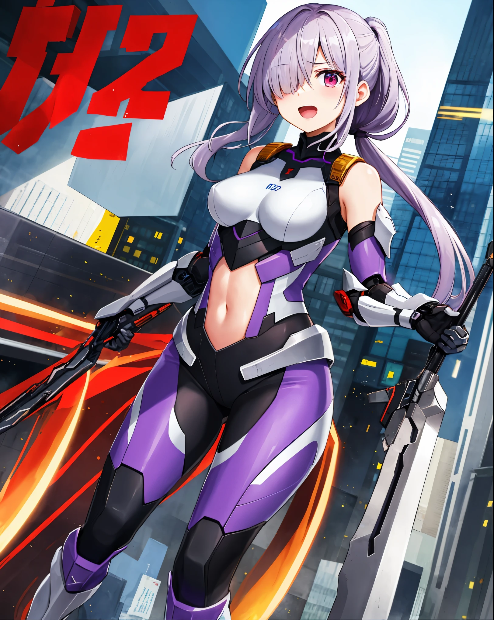 ,1girl,(teen:1.5), (short_ponytail:1.3), (light_whitish_purple_hair:1.3),black_mechanical_armor_parts,white_breasts_parts_red_black_body_suit,bare_shoulder,bare_slender_thighs,medium_breasts,city_background,Stinging_eyes,sleepy,thighhigh_greaves,gauntlets,dynamic_posing,bare_frank,metal_red_parts_armor,red_eye,solo,
fists,hold_weapon,glare,navel,large_mechanical_parts,happy,waist_armor,open_mouth,rise_legs,apart_legs, (covered_navel:1.3),(very_long_bangs:1.3), (hair_over_one_eye:1.5),(long_bang_covers_right_half_of_face:1.5),
(covered_pussy:1.1),covered_breasts,fighting,
