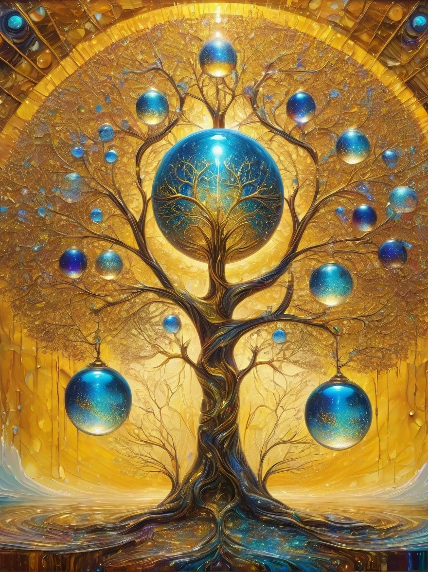 beautiful symmetrical photos,Apply with thick brush strokes and wet paint, Proportions of gold, melted wax |, visible strokes, surrounded by crystal ball, Mosaic wireframe 3d, neuroimaging, Neurons, The Tree of Life, rape, like, enthusiasm, oil painting on canvas, thick strokes, Very detailed, 8K Ultra HD, masterpiece, art station, surreal