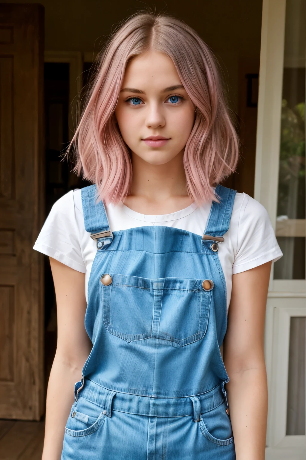 masterpiece, best quality, teenager, pink hair, blue eyes,, masterpiece, best quality, short wavy hair, overalls