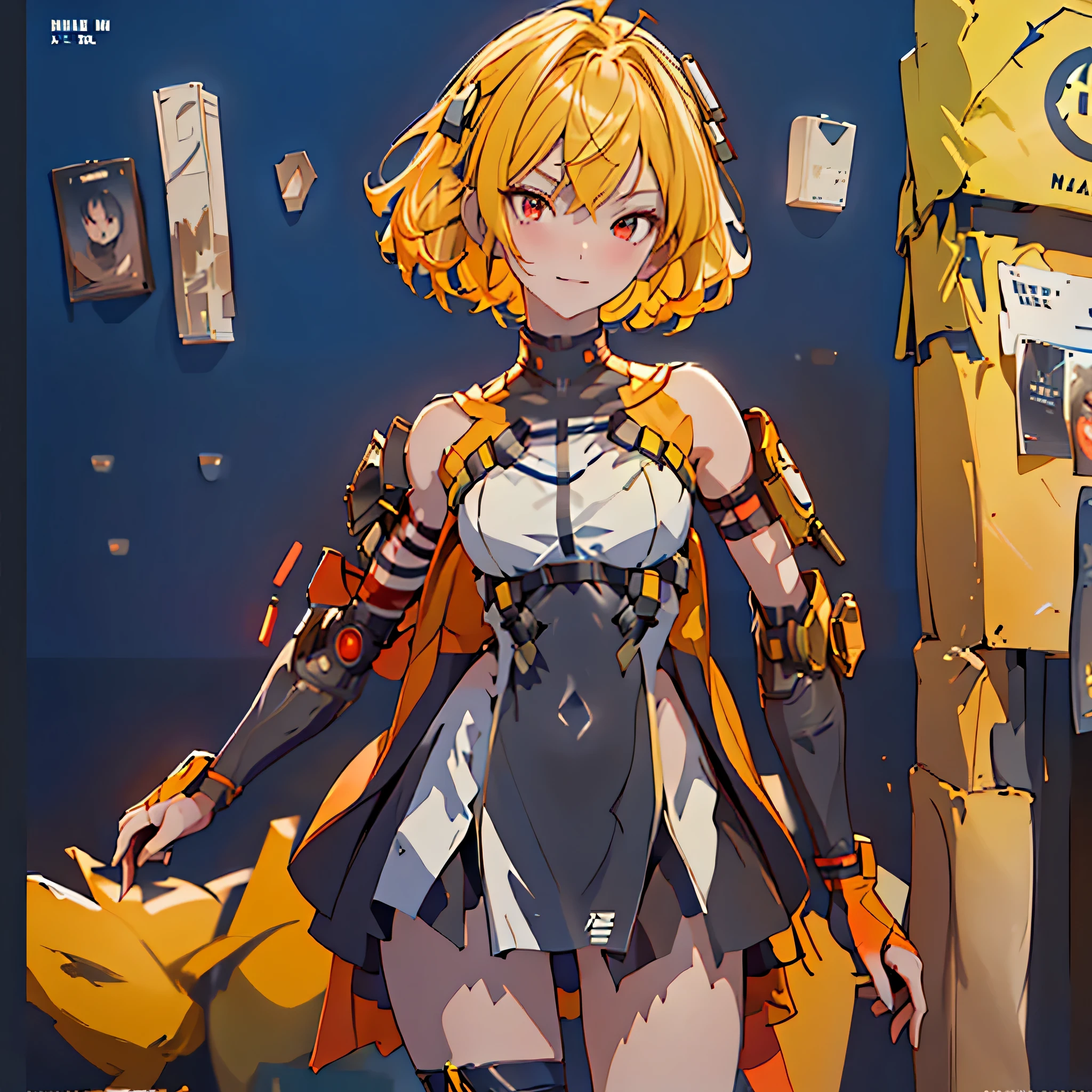 1 girl, tie up hair, short hair, short blond hair, red eyes, innocent smile, black mech armor, cool and sexy face, black thigh knee sock, Sharp face, Yellow ribbon, battlefield, outside, black crown,  standing, ,Fenny Coronet, Shotgun , one person, alone, 1 head, 2 hands, 2 legs , High Res , UHD , 4k , 8k ,The text is bold and eye-catching，With catchy slogans，Adds to the overall drama and excitement。The color palette is dominated by dark colors, poster , magazine cover ，Make the poster dynamic and visually striking，(Magazines:1.3), (Cover-style:1.3)