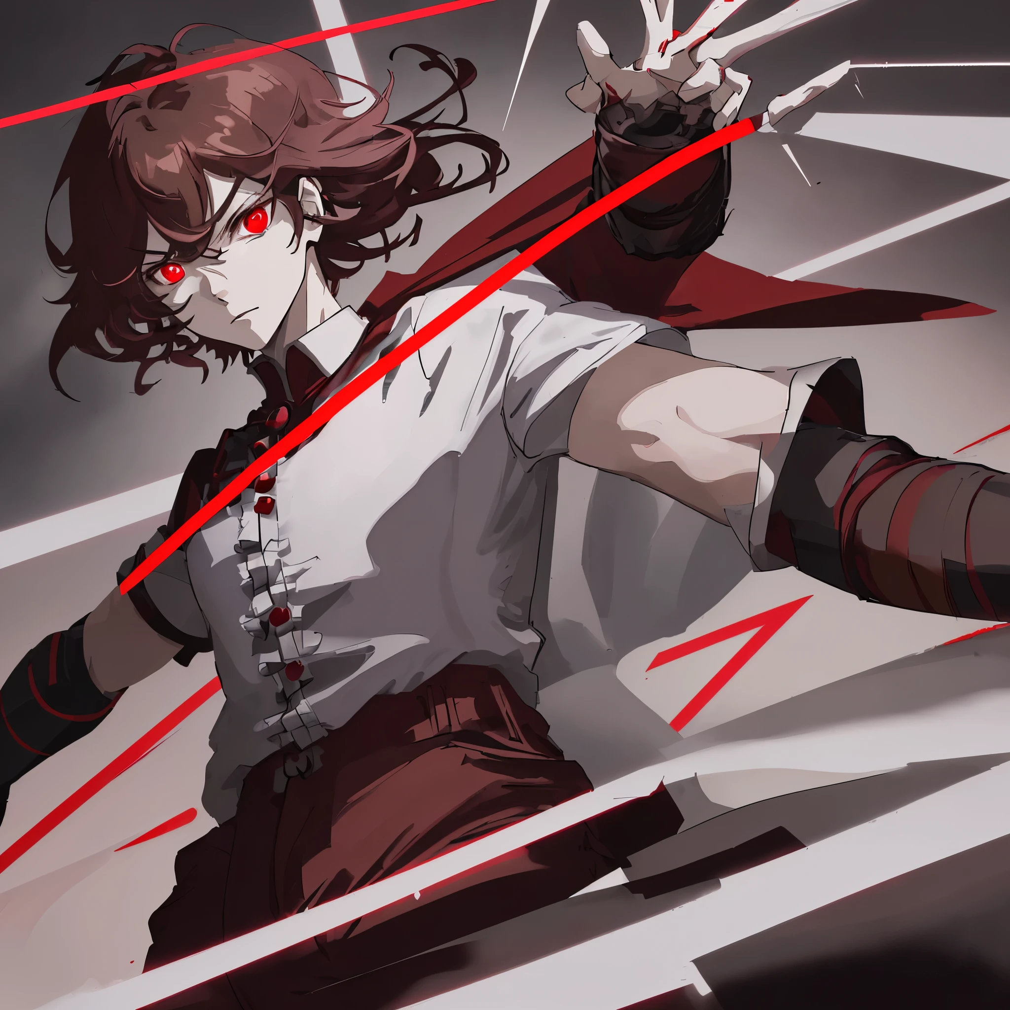 Anime man with open arms gray blouse short sleeves very dark red pants with light red details wearing a black cape with many details in geometric figures filled with light red neon dark red eyes shining prominently and distant brown hair about to attack