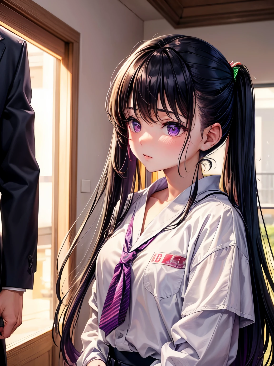 masterpiece, best quality, high resolution, Girl, purple eyes, indoor, rain, neon, clothes going out, embarrassment, anxiety,, messy clothes, orange sunset, dim, high school student, height 158cm And adult japanese handsome man, wear suit, height 188cm, stare each other in affection way (The girl is and The man is adult-The man is more taller and mature than the girl-the girl is more smaller than the man) And they're kissing in bed