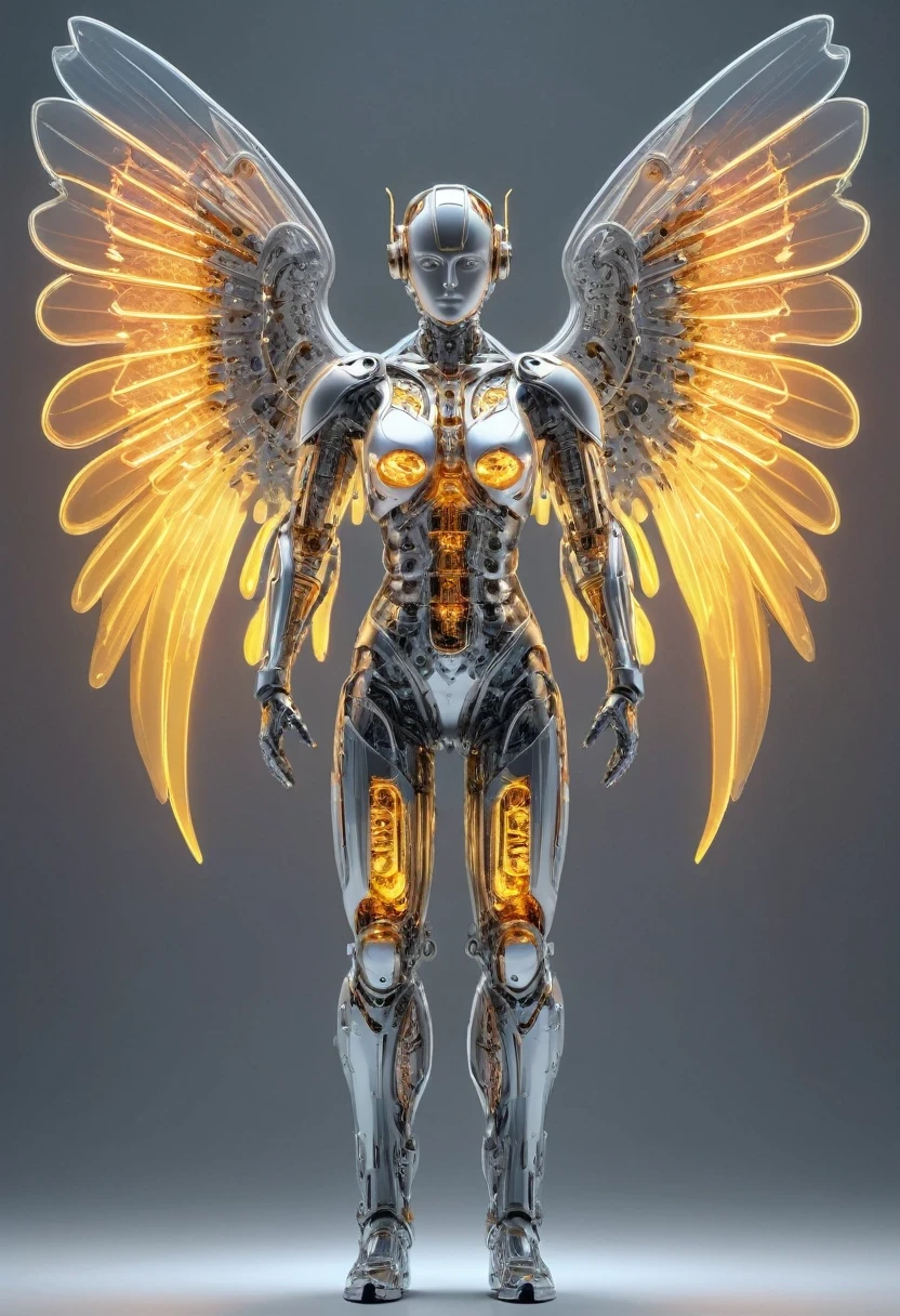 symmetry,whole body, solid light grey background, The combination of biology and machinery, Transparent mechanical angel, The internal structure is complex and precise, glowing neon lights,(high detail, masterpiece, best quality, ultra high definition, Sharpen details)