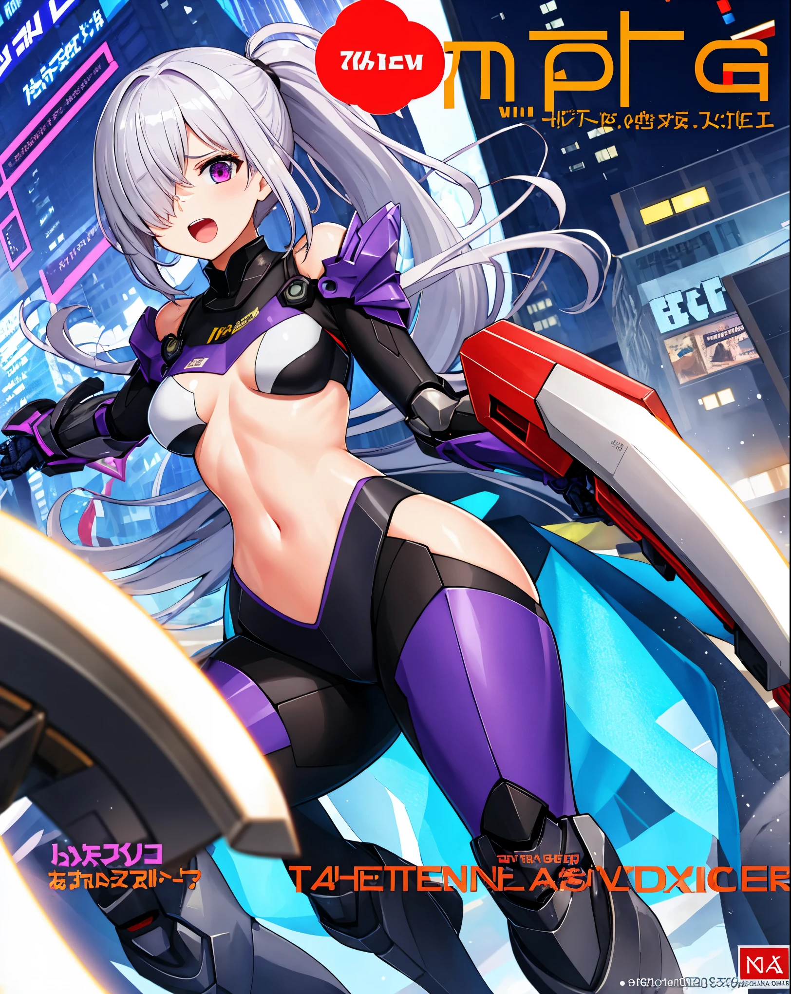 ,1girl,(teen:1.5), (short_ponytail:1.3), (light_whitish_purple_hair:1.3),black_mechanical_armor_parts,white_breasts_parts_red_black_body_suit,bare_shoulder,bare_slender_thighs,medium_breasts,city_background,Stinging_eyes,sleepy,thighhigh_greaves,gauntlets,dynamic_posing,bare_frank,metal_red_parts_armor,red_eye,solo,
fists,hold_weapon,glare,navel,large_mechanical_parts,happy,waist_armor,open_mouth,rise_legs,apart_legs, (covered_navel:1.3),(very_long_bangs:1.3), (hair_over_one_eye:1.5),(long_bang_covers_right_half_of_face:1.5),
(covered_pussy:1.1),covered_breasts,fighting,