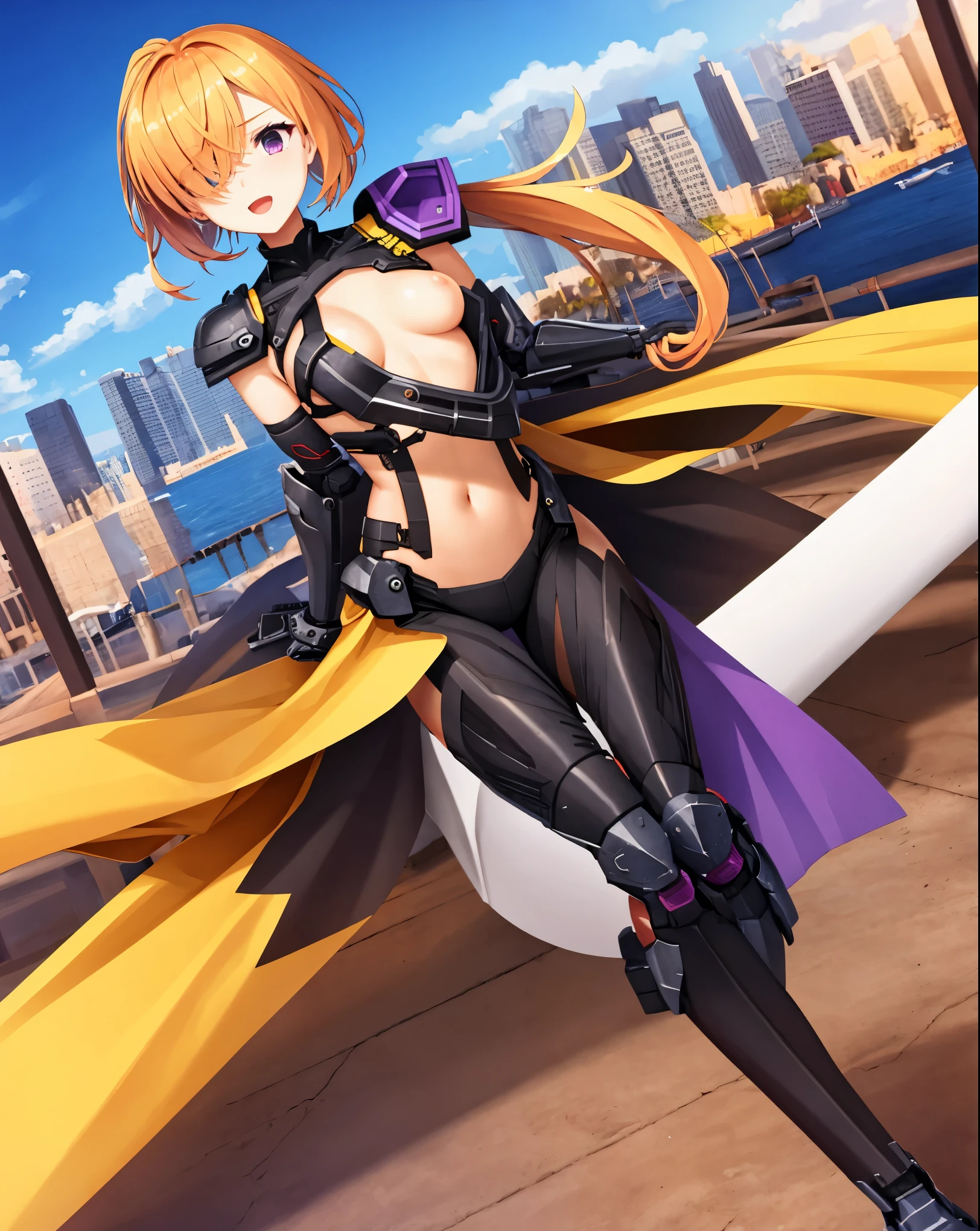 ,1girl,(teen:1.5), (short_ponytail:1.3), (light_whitish_purple_hair:1.3),black_mechanical_armor_parts,white_breasts_parts_red_black_body_suit,bare_shoulder,bare_slender_thighs,medium_breasts,city_background,Stinging_eyes,sleepy,thighhigh_greaves,gauntlets,dynamic_posing,bare_frank,metal_red_parts_armor,red_eye,solo,
fists,hold_weapon,glare,navel,large_mechanical_parts,happy,waist_armor,open_mouth,rise_legs,apart_legs, (covered_navel:1.3),(very_long_bangs:1.3), (hair_over_one_eye:1.5),(long_bang_covers_right_half_of_face:1.5),
(covered_pussy:1.1),covered_breasts,fighting,