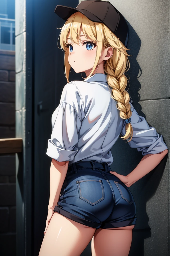 a woman in shorts standing against a wall in the anime image above, 1girl, blonde hair, shorts, solo, hat, braid, twin braids, shirt, baseball cap, ass, white shirt, blue eyes, looking back, long hair, black shorts,Eiko Tsukimi, blue eyes, braid, twin braid, blonde hair, long hair