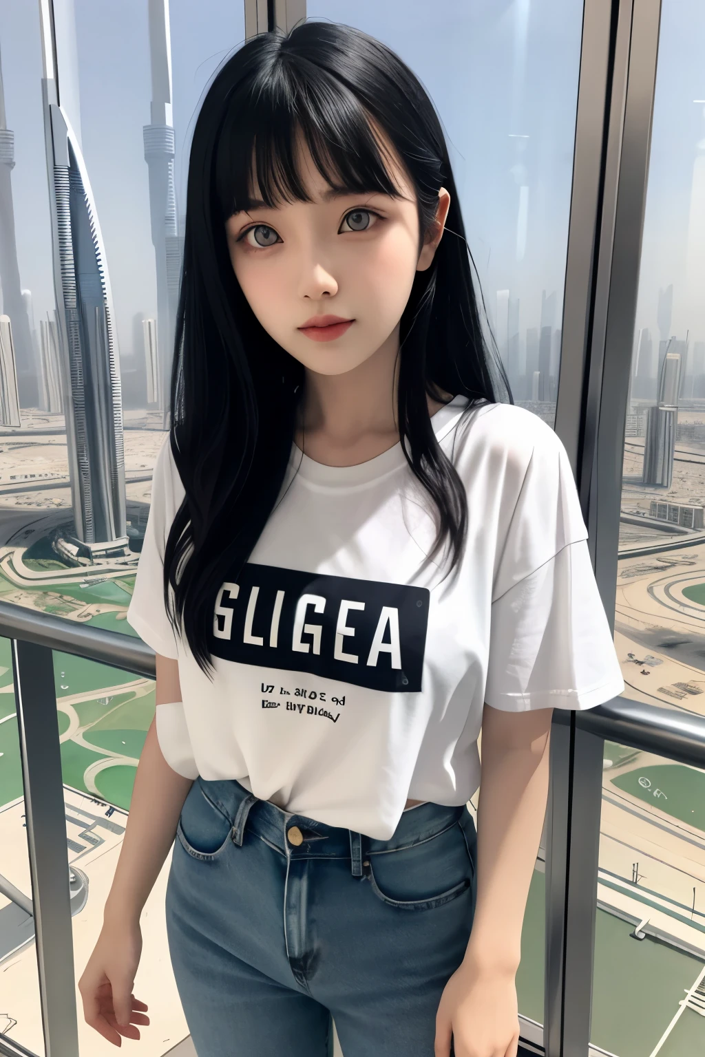 Very cute face、smile、15歳girl、Fluffy long hair、Beautiful legs、Beautiful body、Thin legs、White skin、Black T-shirt、Black mini skirt、白いパンティ少し見えている、sea