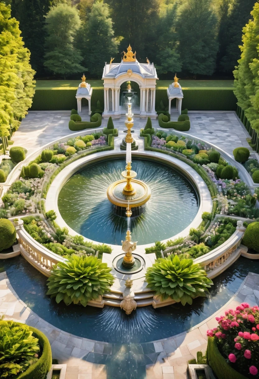(Super detailed,high resolution,lifelike:1.2), Symmetrical garden design, The perfect embodiment of symmetrical aesthetics, Inspired by the gardens of Versailles, France. The main focus of the image is a beautifully designed symmetrical garden, Featuring elaborate geometric patterns and perfectly aligned flower beds and fountains. The garden is surrounded by lush green trees, Manicured hedges and vibrant flowers add a splash of color. sunlight through the trees, casting soft, The scene is filled with romantic light. The path through the garden is made of original white marble, Adds a sense of solemnity and elegance. The centerpiece of the garden is a magnificent fountain, Carefully carved from marble，and decorated with exquisite sculptures. Water pours down，presents a mesmerizing sight, Create a soothing atmosphere. The symmetrical layout of the garden creates a sense of harmony and balance, And the meticulous attention to detail and realistic rendering of elements make the images truly immersive. The color palette consists of pastel shades, With hints of gold and silver, Enhance the overall complexity of the scene. The lighting is warm and soft, Illuminate the garden with soft light, Reveal intricate details and enhance the overall beauty of your image.