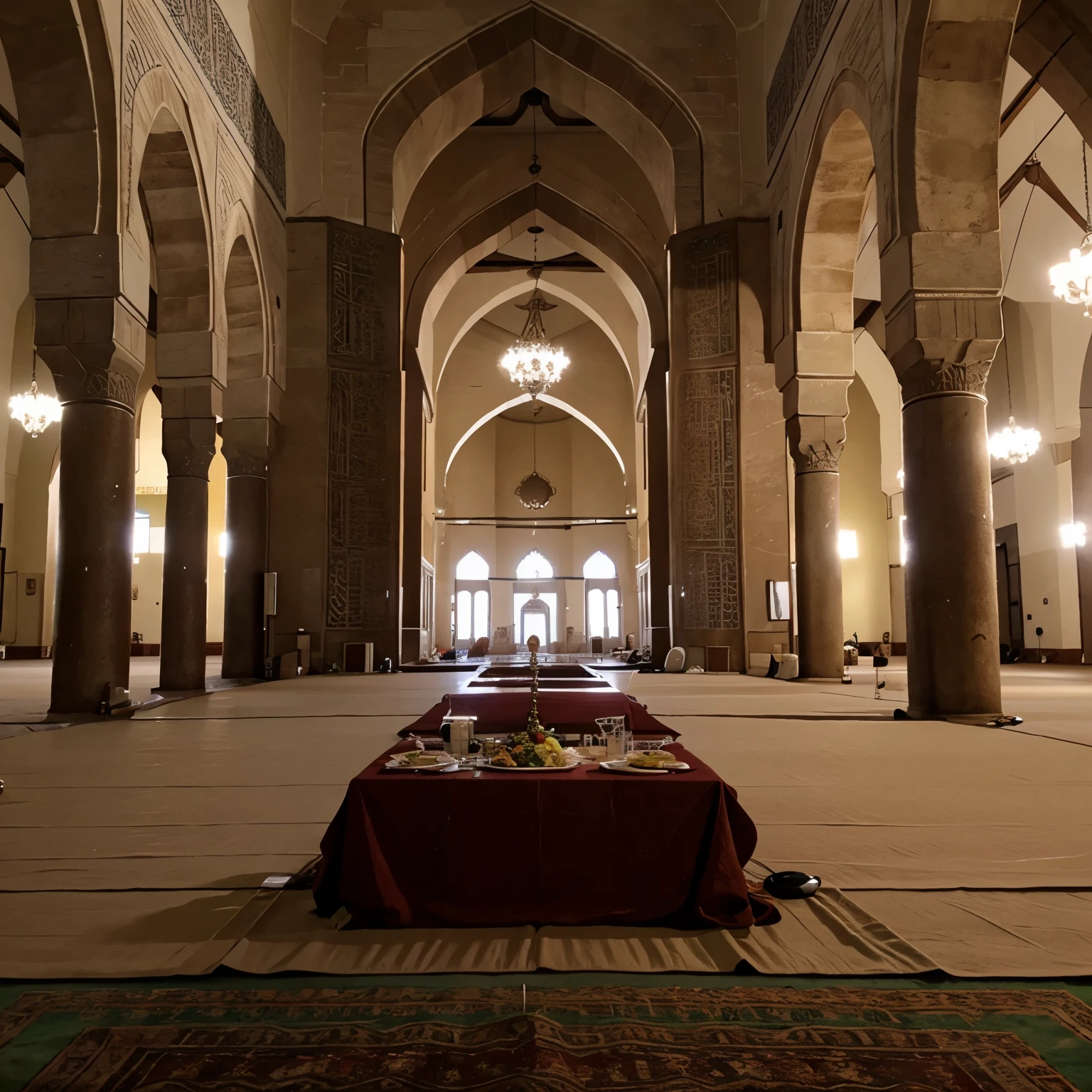 Describe the realistic atmosphere of slaughtering sacrificial animals on the Eid al-Adha holiday in the mosque yard, with officers using complete slaughtering equipment, sacrificial animals that have been prepared, and families watching solemnly and gratefully.
