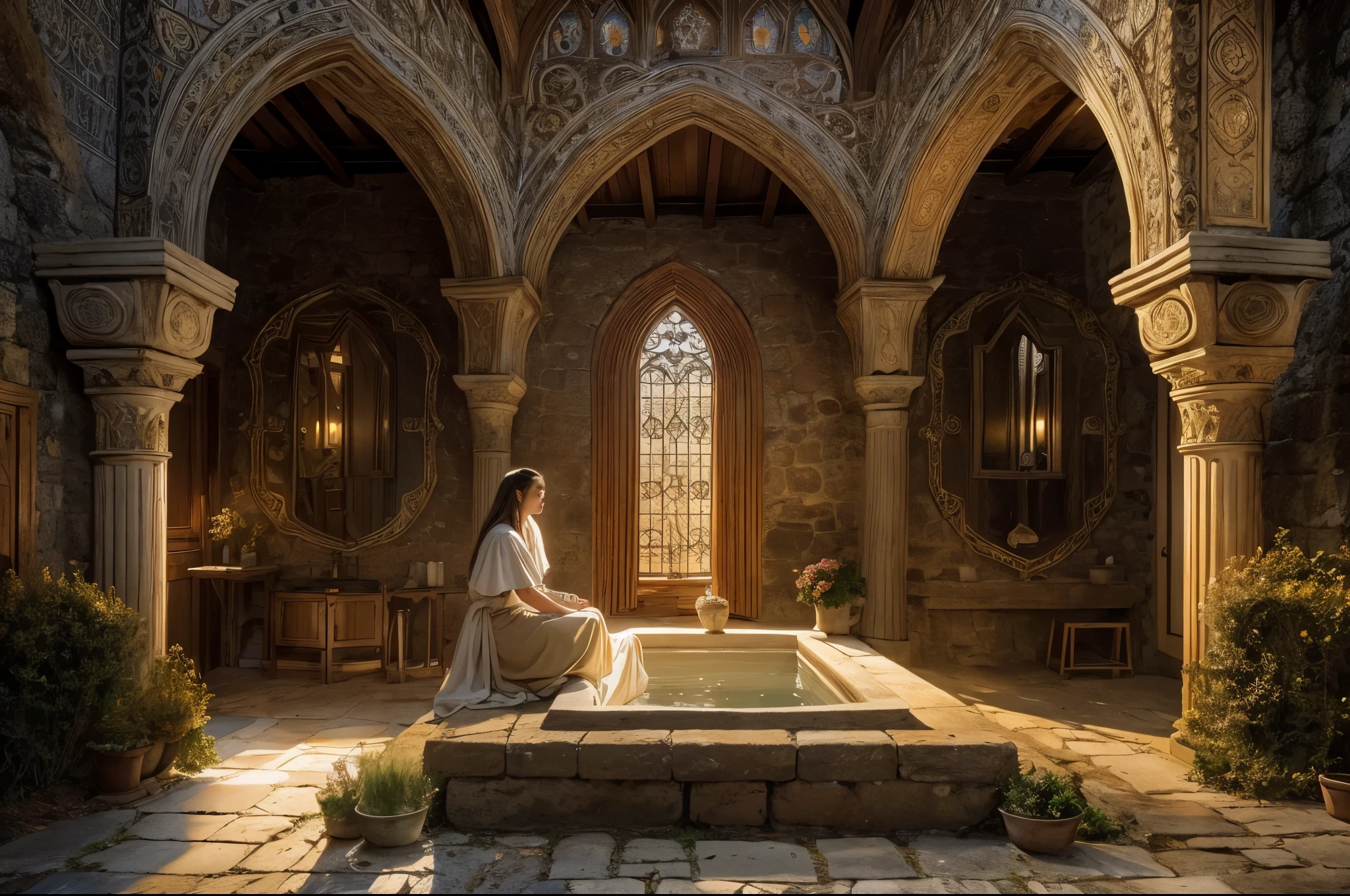 Masterpiece,  Imagine the scene of Constance of Antioch, a defiant 18 years old princess in the midst of the medieval era, 1145, taking a serene bath within the stone-clad walls of her palace in Antioch. The rough, ancient stones stand in stark contrast to her gentle, natural beauty, a testament to the enduring strength and delicacy intertwined in her character. As dawn breaks, the first gentle rays of sunlight seep through the narrow windows, casting a magical and warm glow over the room. By her side, two teenage girl servants, embodying the innocence and loyalty of youth, attentively aid her. This moment captures the harmony of beauty amidst the ruggedness of medieval life, highlighting the intimate peace found in the day's first light. The bathroom, a sanctuary from the turbulent outside world, glows with the promise of a new day, enveloping Constance and her companions in a scene of ethereal tranquility."   16K, ultra high res.photorealistic, UHD, RAW