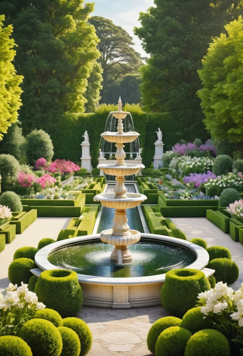 (Super detailed,high resolution,lifelike:1.2), Symmetrical garden design, The perfect embodiment of symmetrical aesthetics, Inspired by the gardens of Versailles, France. The main focus of the image is a beautifully designed symmetrical garden, Featuring elaborate geometric patterns and perfectly aligned flower beds and fountains. The garden is surrounded by lush green trees, Manicured hedges and vibrant flowers add a splash of color. sunlight through the trees, casting soft, The scene is filled with romantic light. The path through the garden is made of original white marble, Adds a sense of solemnity and elegance. The centerpiece of the garden is a magnificent fountain, Carefully carved from marble，and decorated with exquisite sculptures. Water pours down，presents a mesmerizing sight, Create a soothing atmosphere. The symmetrical layout of the garden creates a sense of harmony and balance, And the meticulous attention to detail and realistic rendering of elements make the images truly immersive. The color palette consists of pastel shades, With hints of gold and silver, Enhance the overall complexity of the scene. The lighting is warm and soft, Illuminate the garden with soft light, Reveal intricate details and enhance the overall beauty of your image.