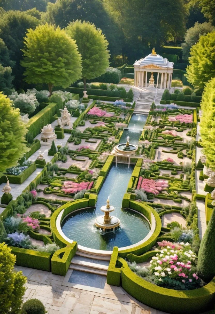 (Super detailed,high resolution,lifelike:1.2), Symmetrical garden design, The perfect embodiment of symmetrical aesthetics, Inspired by the gardens of Versailles, France. The main focus of the image is a beautifully designed symmetrical garden, Featuring elaborate geometric patterns and perfectly aligned flower beds and fountains. The garden is surrounded by lush green trees, Manicured hedges and vibrant flowers add a splash of color. sunlight through the trees, casting soft, The scene is filled with romantic light. The path through the garden is made of original white marble, Adds a sense of solemnity and elegance. The centerpiece of the garden is a magnificent fountain, Carefully carved from marble，and decorated with exquisite sculptures. Water pours down，presents a mesmerizing sight, Create a soothing atmosphere. The symmetrical layout of the garden creates a sense of harmony and balance, And the meticulous attention to detail and realistic rendering of elements make the images truly immersive. The color palette consists of pastel shades, With hints of gold and silver, Enhance the overall complexity of the scene. The lighting is warm and soft, Illuminate the garden with soft light, Reveal intricate details and enhance the overall beauty of your image.