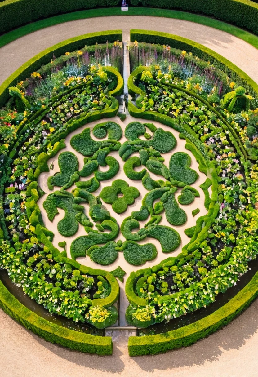 Symmetrical garden design，Gardens of Versailles Palace, France，Typical symmetrical aesthetics，geometric shapes in the garden、Symmetrically arranged elements，such as flower beds and fountains，Show the perfect expression of symmetrical aesthetics，It gives a solemn feeling。