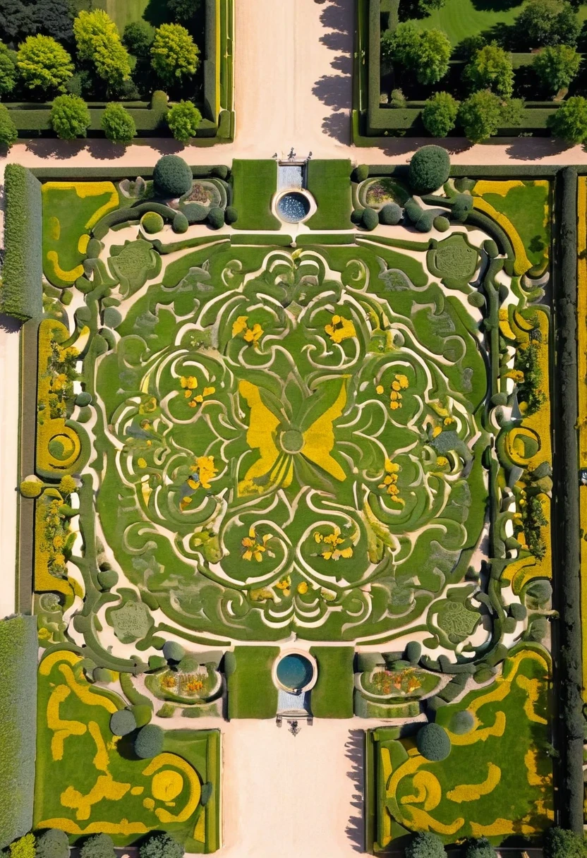 Symmetrical garden design，Gardens of Versailles Palace, France，Typical symmetrical aesthetics，geometric shapes in the garden、Symmetrically arranged elements，such as flower beds and fountains，Show the perfect expression of symmetrical aesthetics，It gives a solemn feeling。