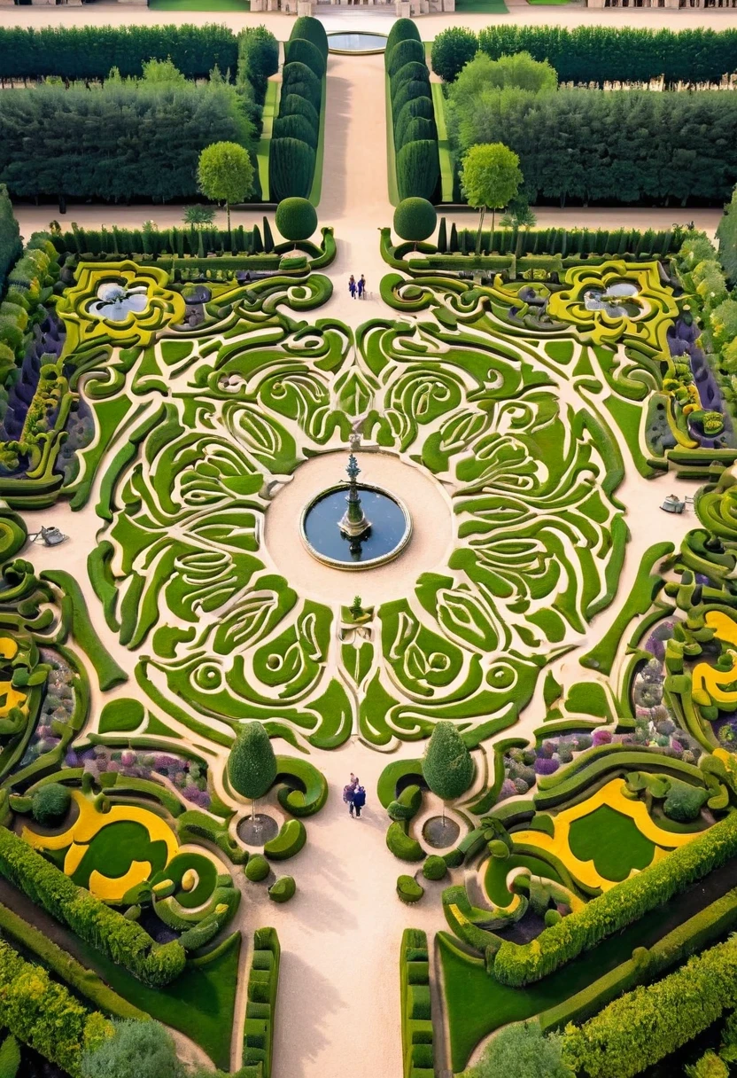 Symmetrical garden design，Gardens of Versailles Palace, France，Typical symmetrical aesthetics，geometric shapes in the garden、Symmetrically arranged elements，such as flower beds and fountains，Show the perfect expression of symmetrical aesthetics，It gives a solemn feeling。