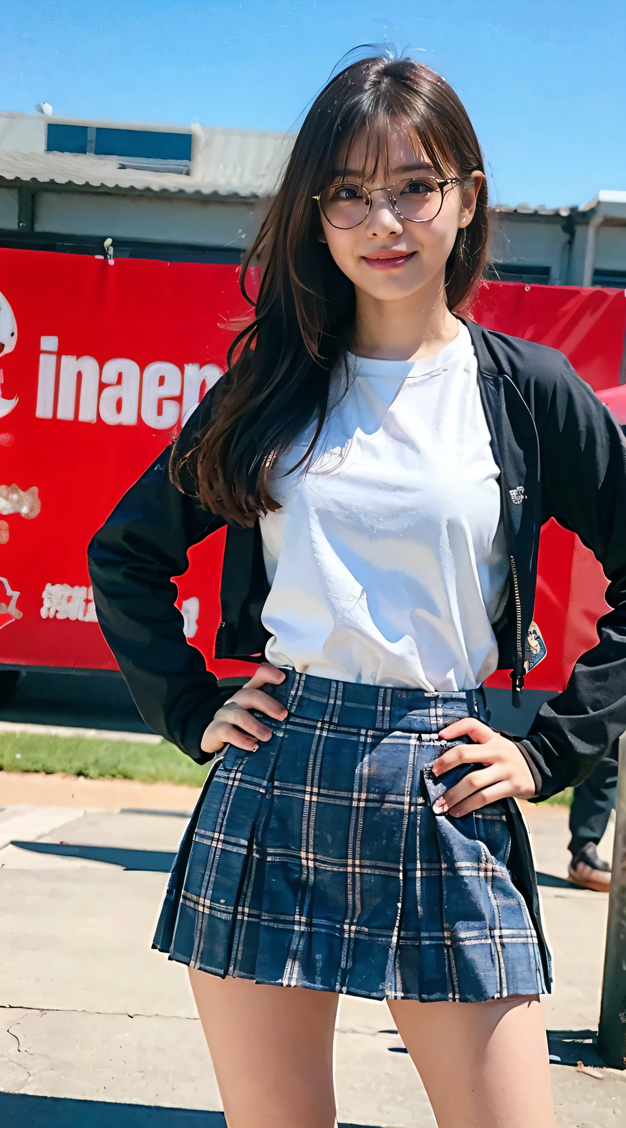 (8k、RAW photo、highest quality、masterpiece:1.2)、(realistic、Photoreal)、1 girl、((mini skirt、combat uniform、Game character costumes、stand with hands on hips、))、lots of eyelashes、Glitter on your eyelids、skeletally correct、sweaty body、Beautifully aligned fingertips、smile、standing with hands on hips、above the sky