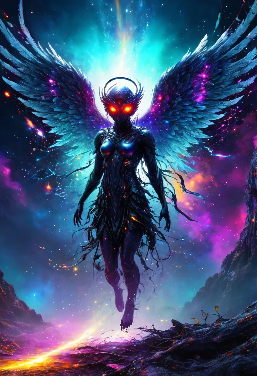 cosmic fallen angel, glowing eyes, biology, Strange, crawl, nightmarish, Very bright colors, light particles, glowing light, move, wallpaper art, Ultra HD Wallpaper