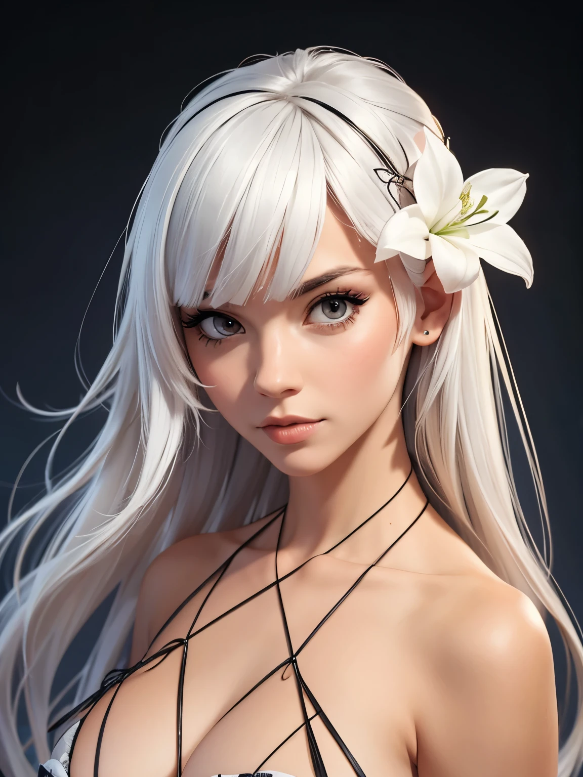 1girls, blood, breasts, detailed background, female focus, female only, fixing hair flower, flower in hair, gown, looking at viewer, solo, solo female, solo focus, white hair