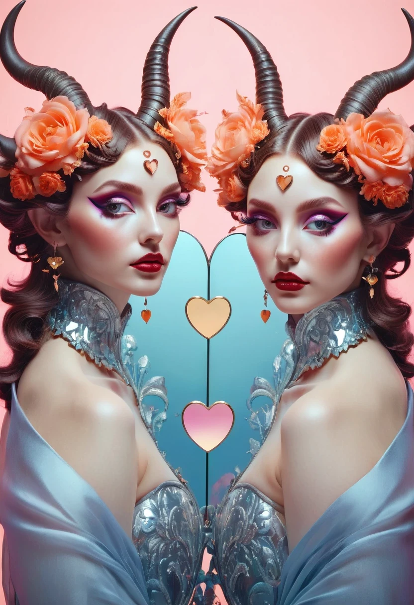 Woman wearing a pair of long-horned heart-shaped mirrors, Beautiful Gemini good and evil, Beautiful Gemini twins portrait, Beeple and Jeremiah Ketner, Artgerm Julie Bell Beeple, Beautiful Gemini twins, symmetrical artwork. Work, Beeple and Alphonse Mucha, just a joke, symmetry concept art, LoWork and WLOP