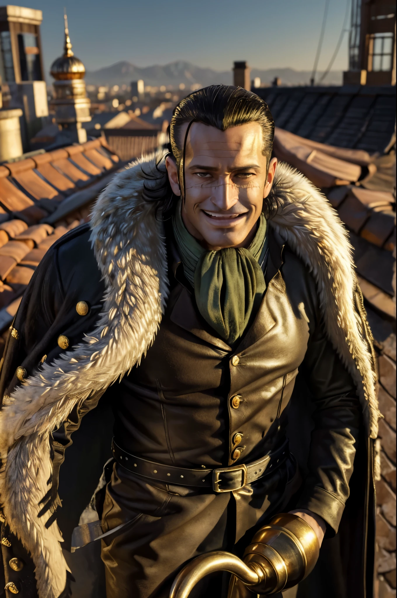 masterpiece, best quality, extremely detailed, hyperrealistic, photorealistic, a cool 40s man, ultra detailed face:1.1, fur-trimmed coat, scarf around the neck, his left hand is a golden pirate hook:1.1, sly smile, rooftop, from above:1.1
