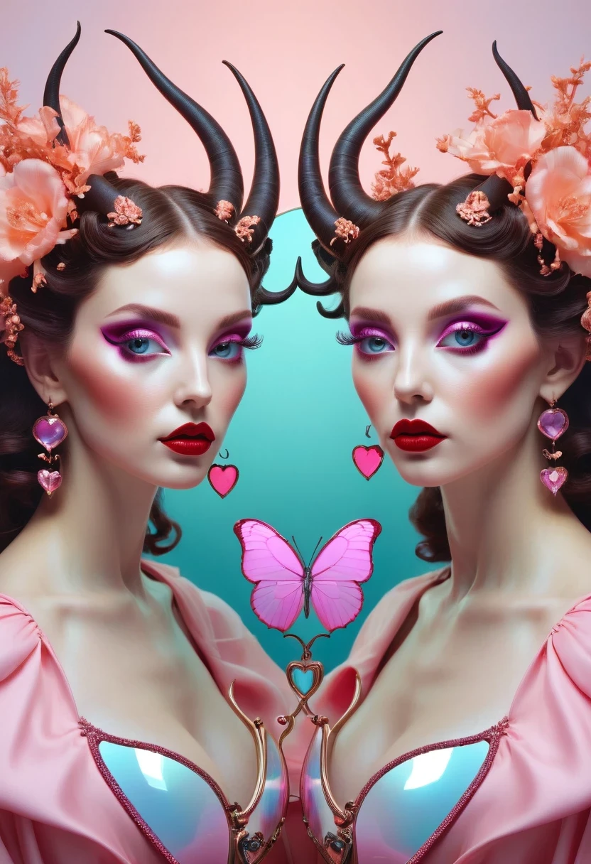 Woman wearing a pair of long-horned heart-shaped mirrors, Beautiful Gemini good and evil, Beautiful Gemini twins portrait, Beeple and Jeremiah Ketner, Artgerm Julie Bell Beeple, Beautiful Gemini twins, symmetrical artwork. Work, Beeple and Alphonse Mucha, just a joke, symmetry concept art, LoWork and WLOP