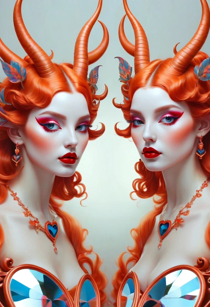 Woman wearing a pair of long-horned heart-shaped mirrors, Beautiful Gemini good and evil, Beautiful Gemini twins portrait, Beeple and Jeremiah Ketner, Artgerm Julie Bell Beeple, Beautiful Gemini twins, symmetrical artwork. Work, Beeple and Alphonse Mucha, just a joke, symmetry concept art, LoWork and WLOP