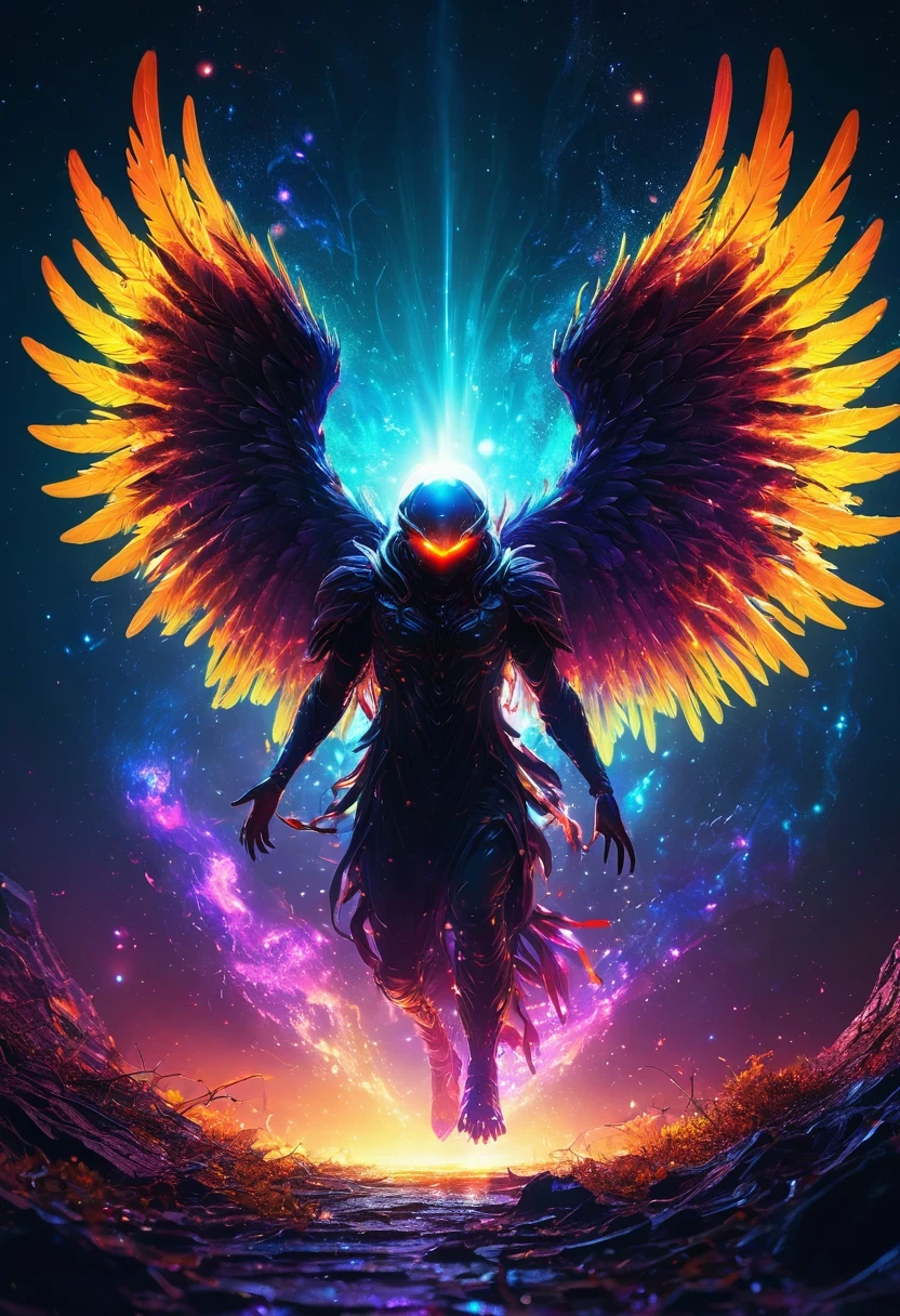 cosmic fallen angel, glowing eyes, biology, Strange, crawl, nightmarish, Very bright colors, light particles, glowing light, move, wallpaper art, Ultra HD Wallpaper