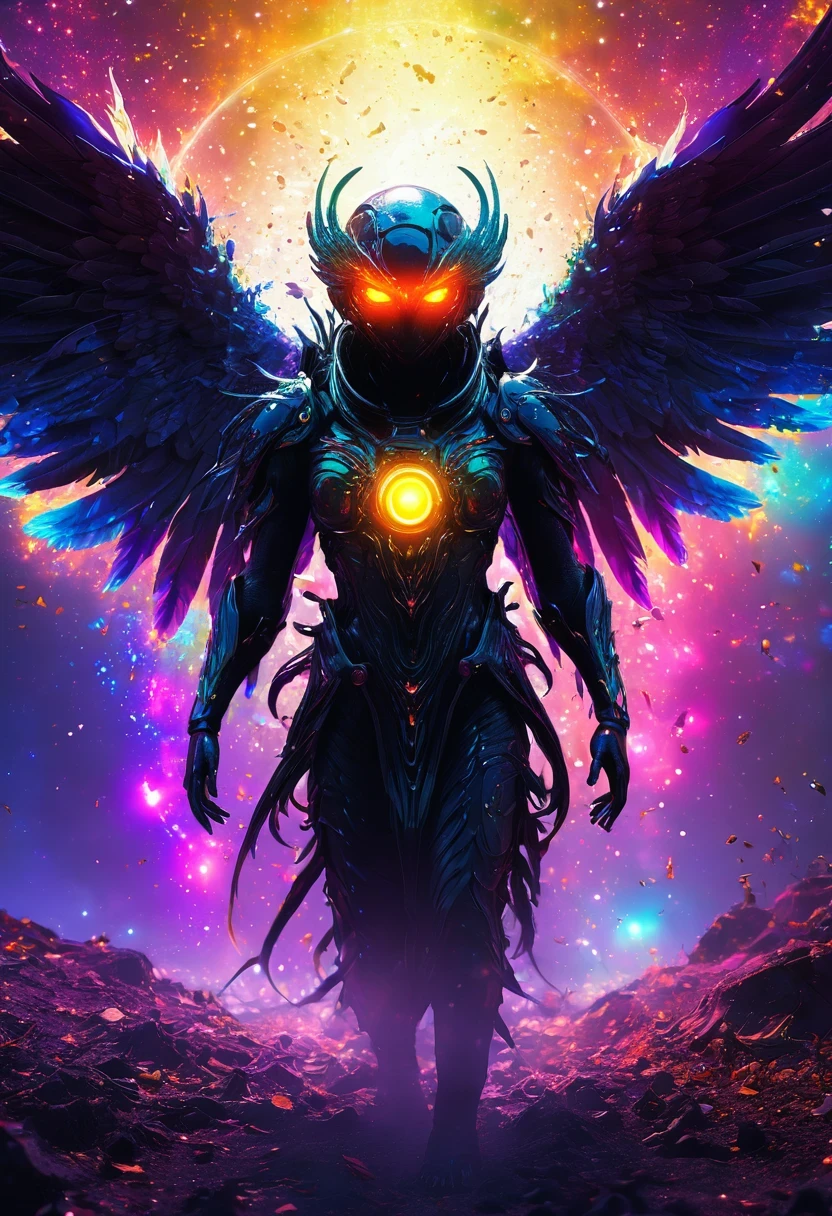 cosmic fallen angel, glowing eyes, biology, Strange, crawl, nightmarish, Very bright colors, light particles, glowing light, move, wallpaper art, Ultra HD Wallpaper