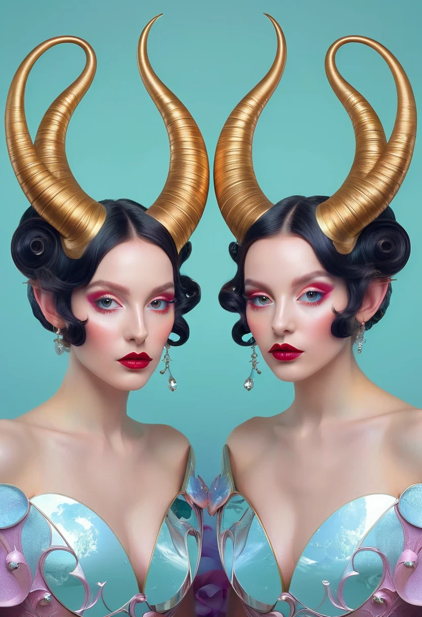 Woman wearing a pair of long-horned heart-shaped mirrors, Beautiful Gemini good and evil, Beautiful Gemini twins portrait, Beeple and Jeremiah Ketner, Artgerm Julie Bell Beeple, Beautiful Gemini twins, symmetrical artwork. Work, Beeple and Alphonse Mucha, just a joke, symmetry concept art, LoWork and WLOP