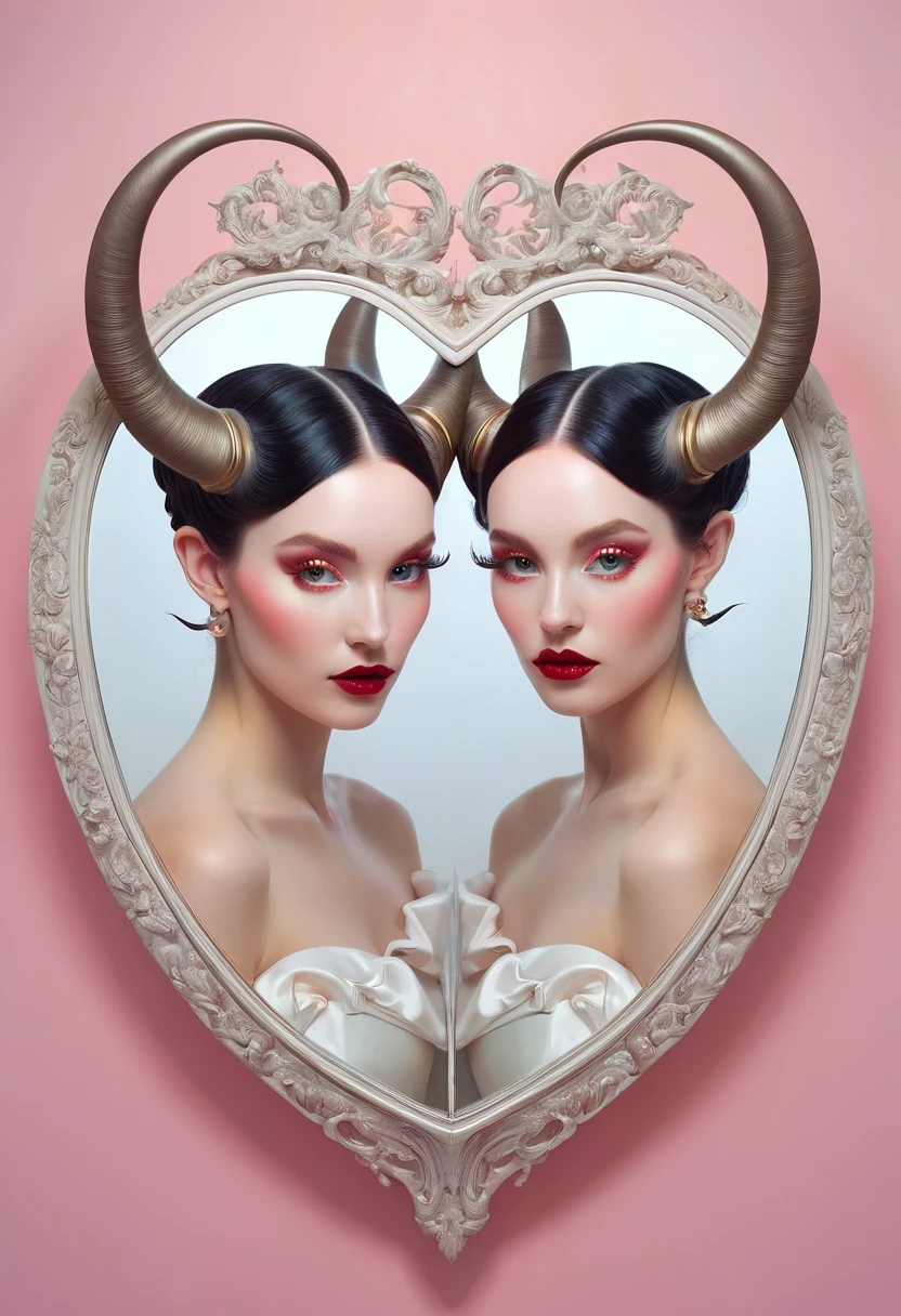 Woman wearing a pair of long-horned heart-shaped mirrors, Beautiful Gemini good and evil, Beautiful Gemini twins portrait, Beeple and Jeremiah Ketner, Artgerm Julie Bell Beeple, Beautiful Gemini twins, symmetrical artwork. Work, Beeple and Alphonse Mucha, just a joke, symmetry concept art, LoWork and WLOP